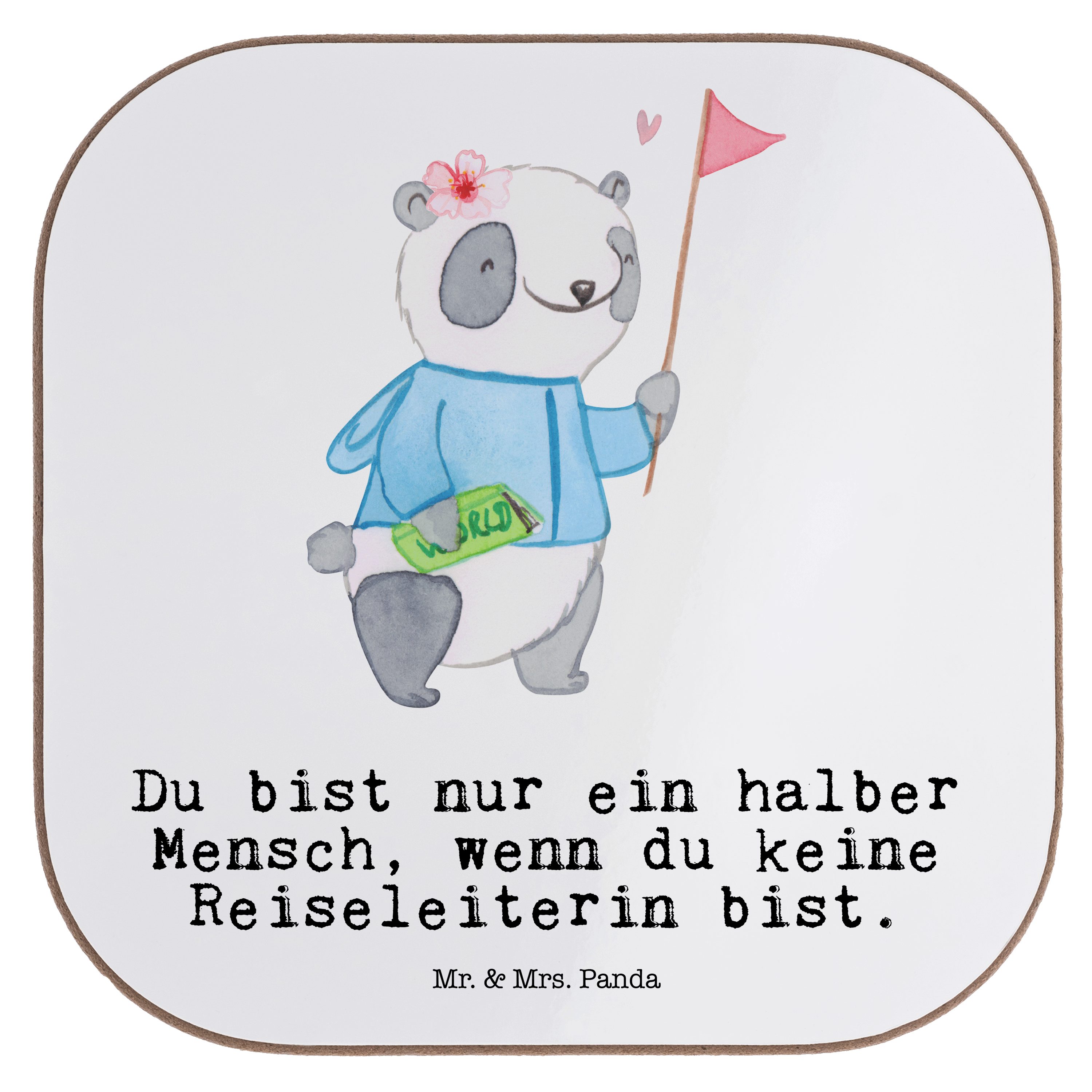 Mr. & Mrs. Panda Getränkeuntersetzer Reiseleiterin mit Herz - Weiß - Geschenk, Bierdeckel, Dankeschön, Jub, 1-tlg.