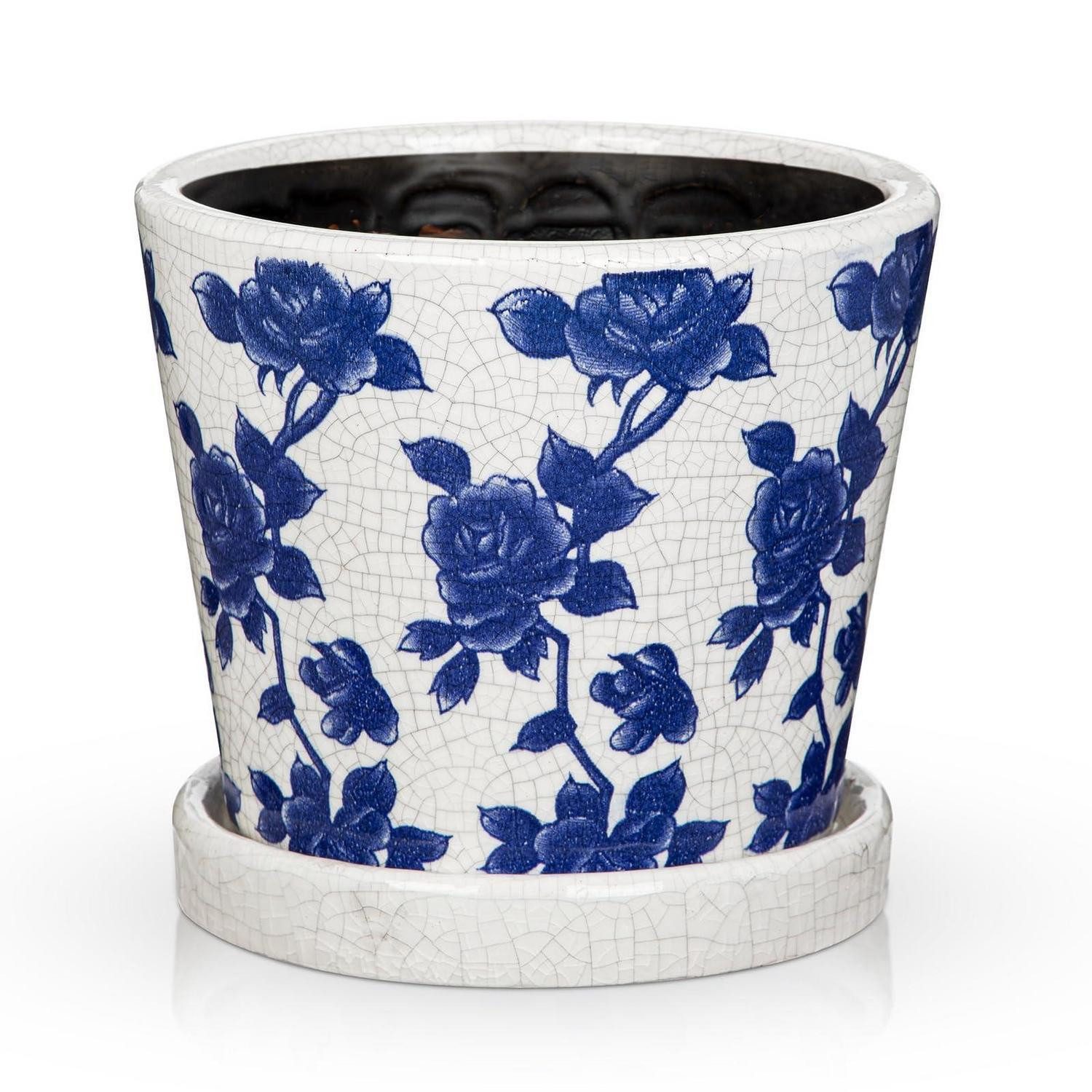 LuxusKollektion Blumentopf Pflanztopf Keramik 14cm rund Drainage Untersetzer Kaktus Blau-rosen