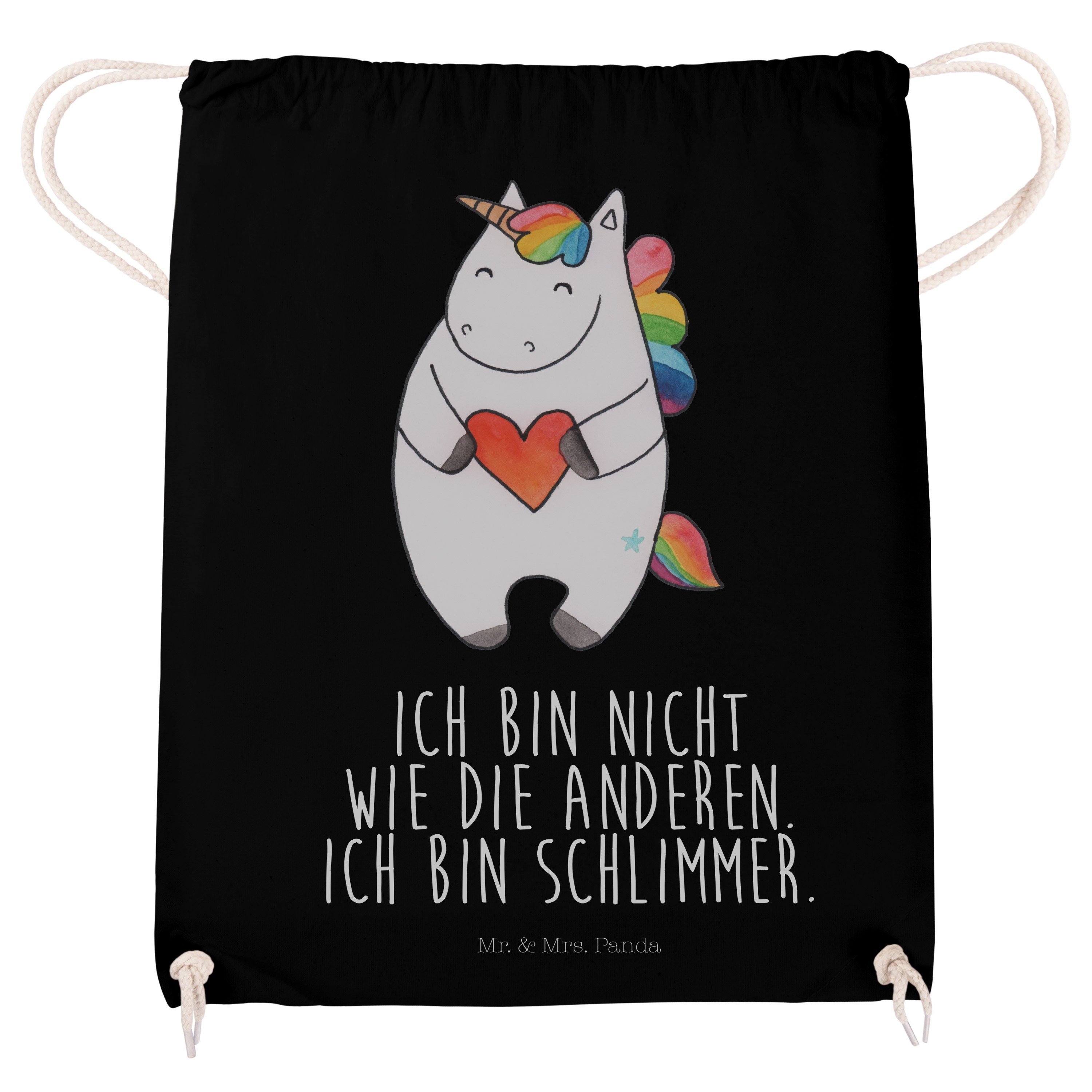 Mr. & Mrs. Panda Sporttasche - Einhorn Sporttasche, Tasche, - Einhörn Schwarz Herz (1-tlg) bunt, Geschenk