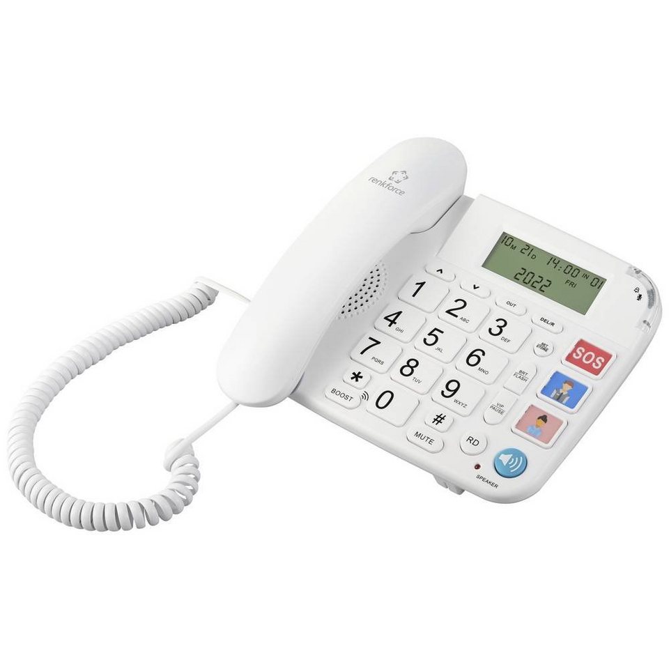 Renkforce Telefon mit Anruferanzeige Kabelgebundenes Telefon  (Freisprechen), 5-stellige Ortsvorwahl einstellbar und mit einem  Tastendruck abrufbar