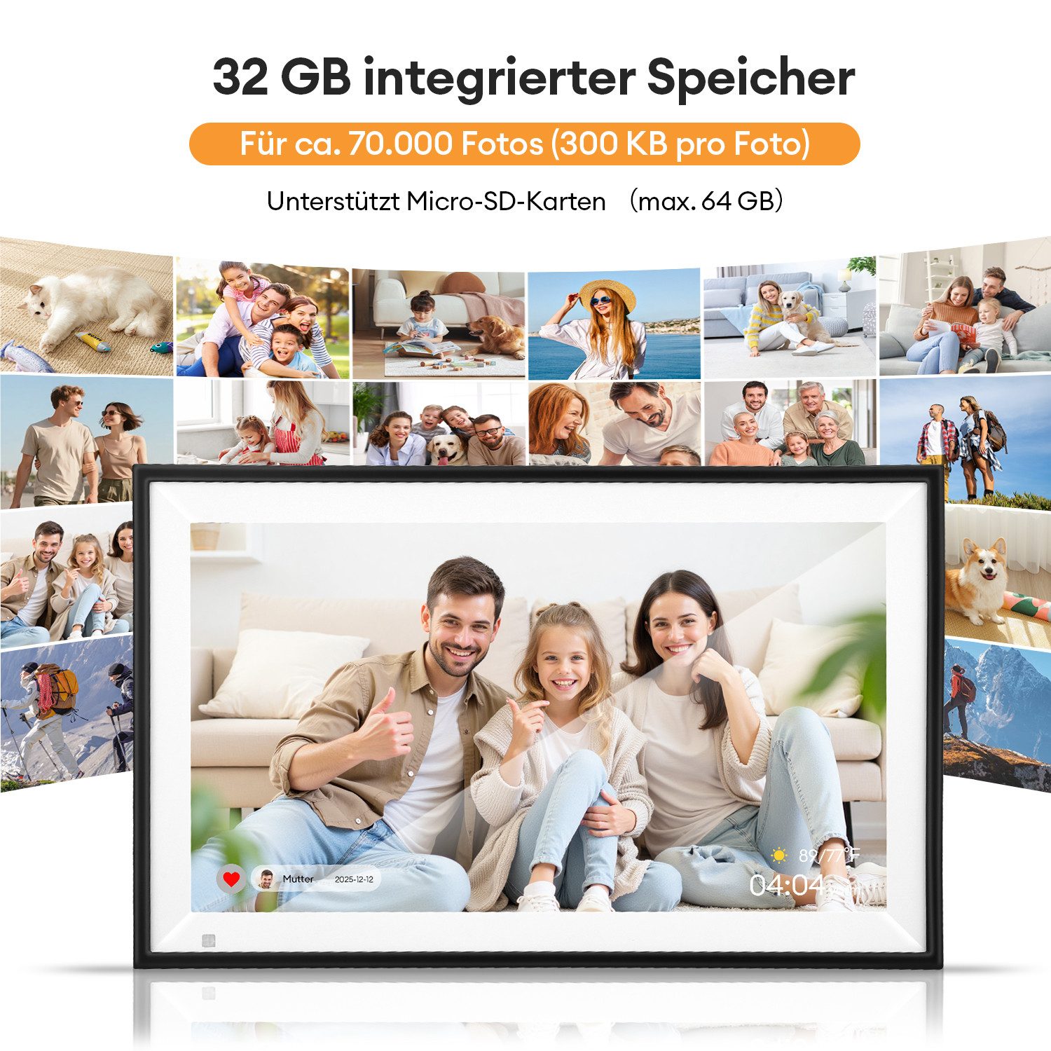 CkeyiN 15.6'' Digitaler Bilderrahmen (1920*1080 Pixel, 32 GB, mit Körper-Sensor Foto/Video-Sharing)