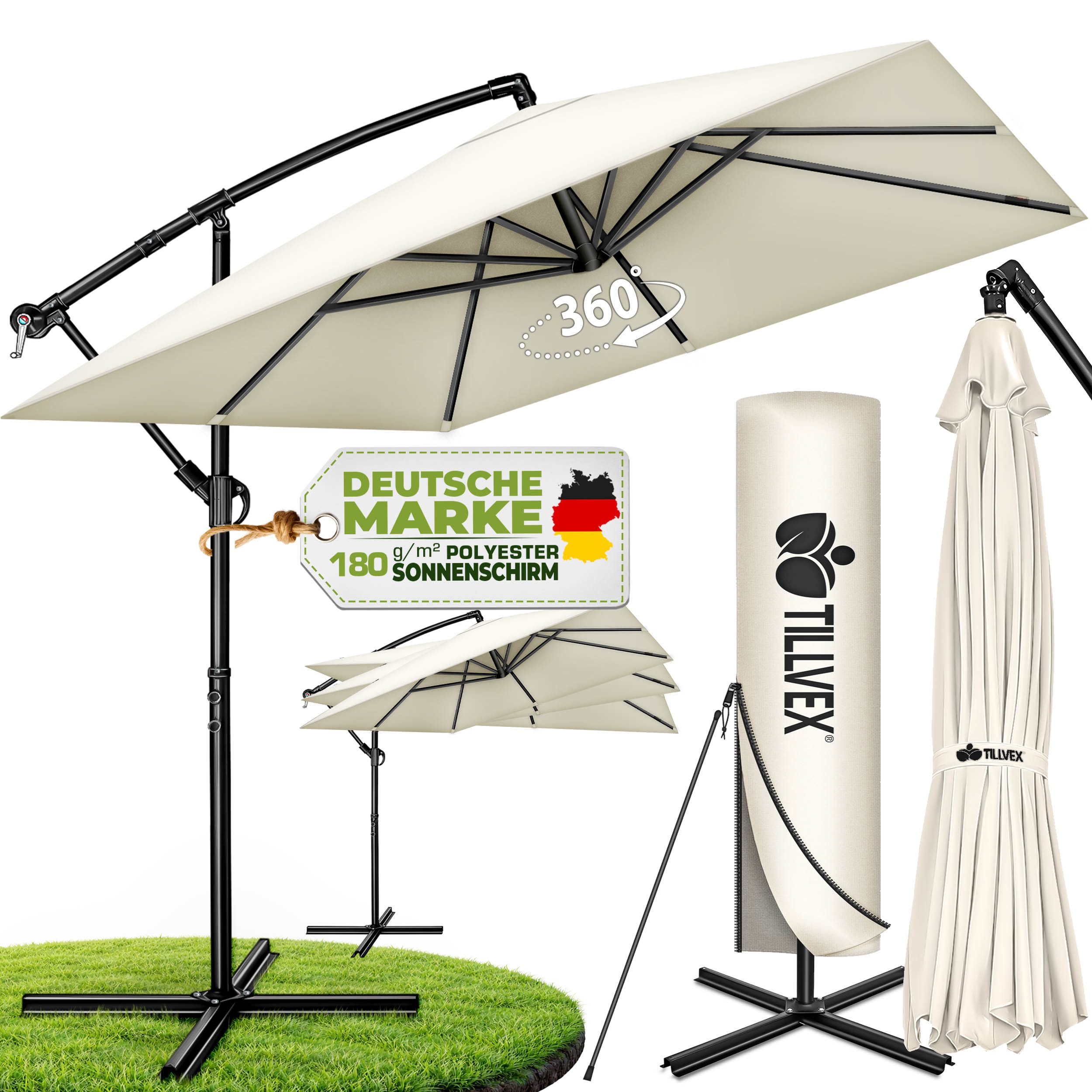 tillvex Sonnenschirm tillvex® Sonnenschirm eckig 235 x 235 cm Ampelschirm Gartenschirm, Kurbelschirm Marktschirm wasserdicht 360° drehbar, mit Kurbel & Windschutz Gartenschirm Aluminium, Alu Ampelschirm Ø 330 cm Rechteckig + Abdeckung