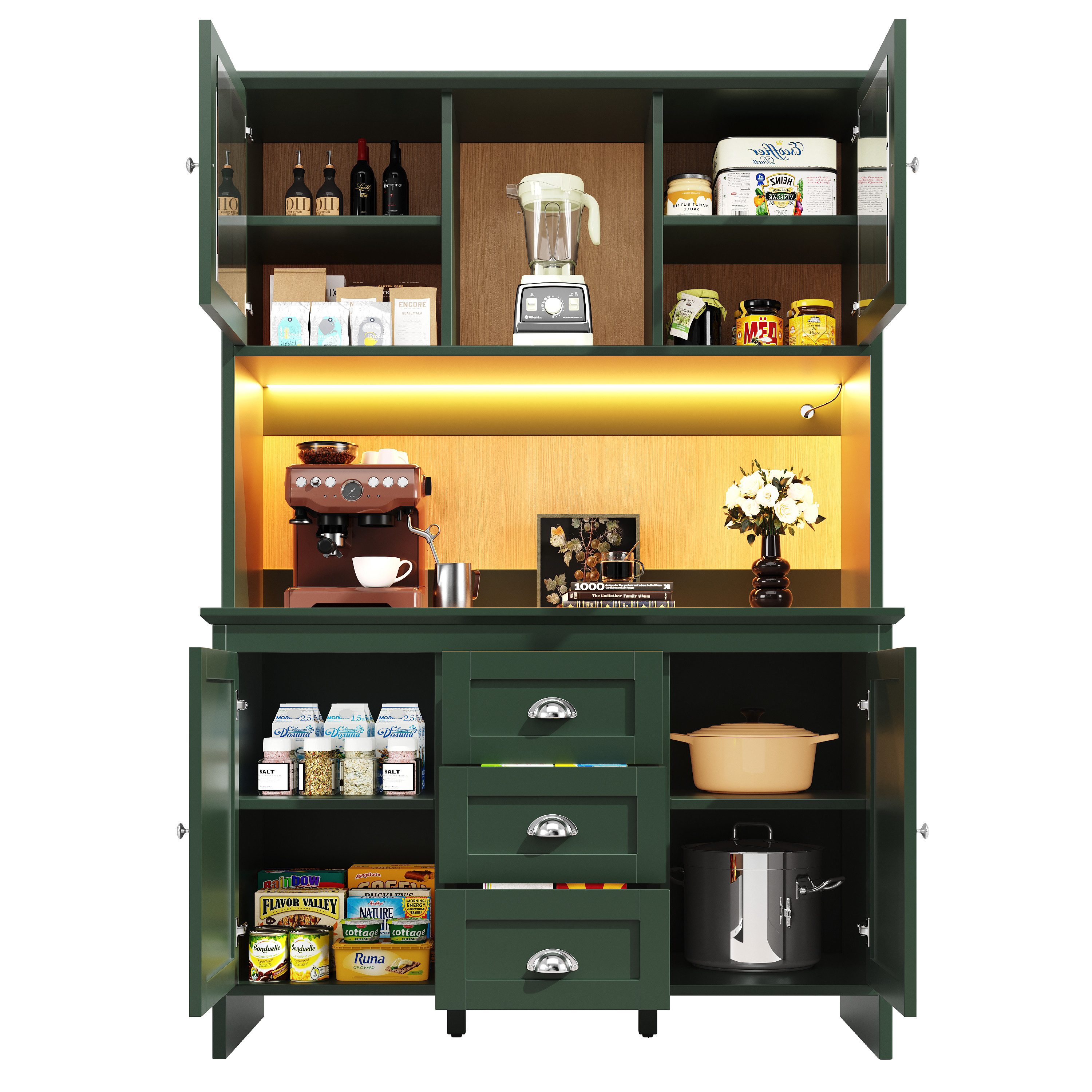 i@home Hochschrank Küchenschränke, Küchenschrank mit Glastüren und LED-Beleuchtung, grün,(120 x 40 x 179 cm)