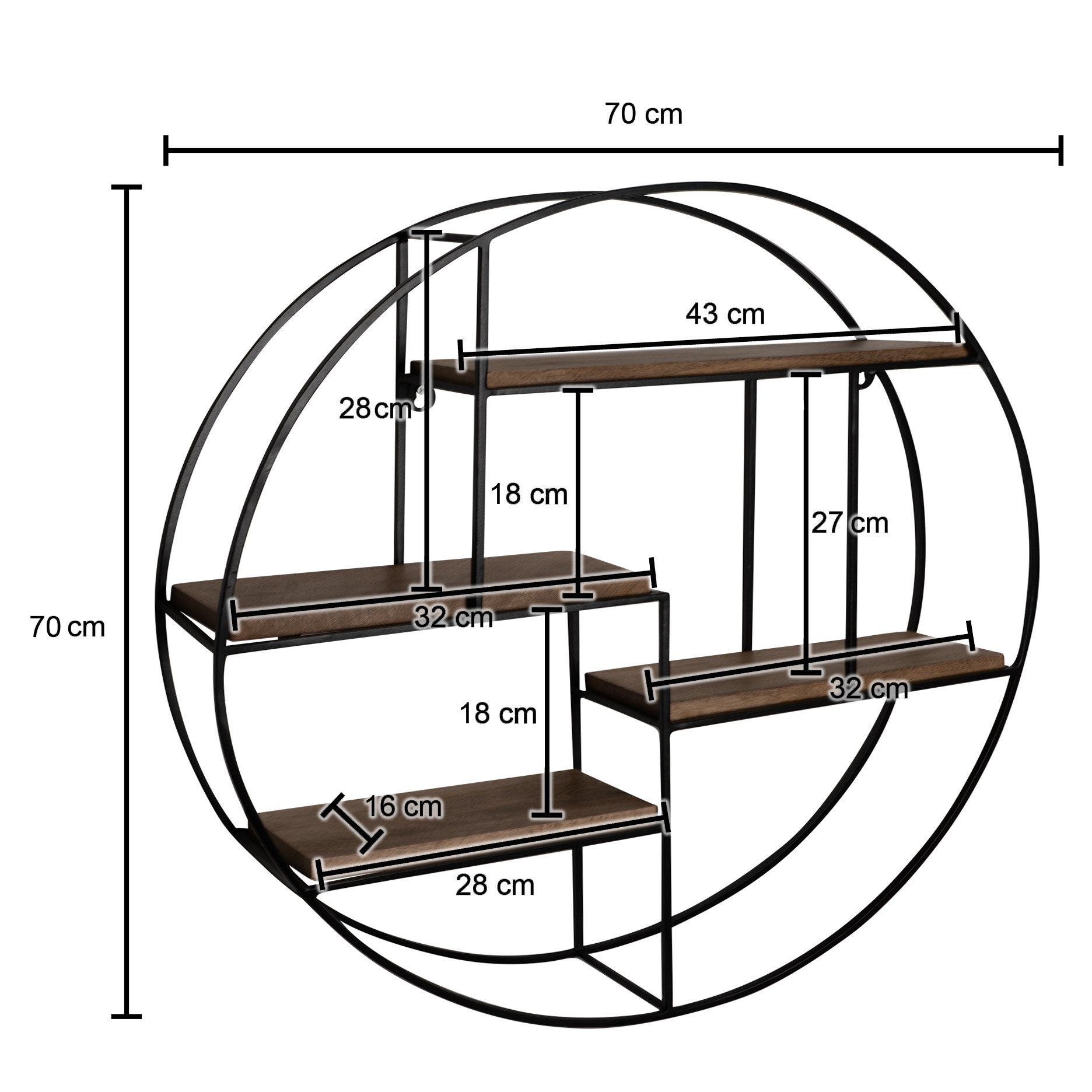 FINEBUY Wandregal FB92220 Hängeregal Holz Metall 70x70x18cm Hängeregal Regal Rund, 70x70x18 cm Mango Massivholz / Metall Hängeregal, Schweberegal Rund, Regal Hängend Industrial