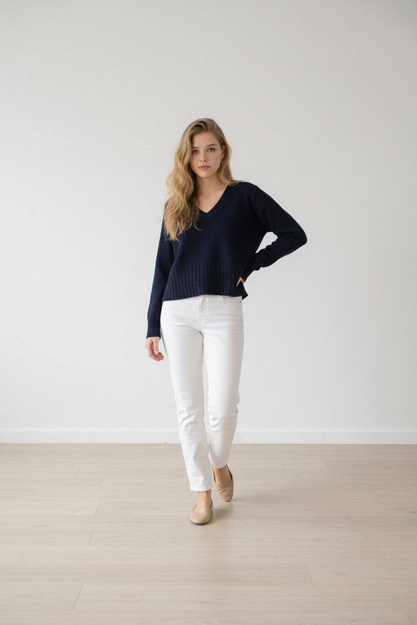 Zuckerwatte V-Ausschnitt-Pullover modisch kurz aus weichem Merino Cashmere Blend