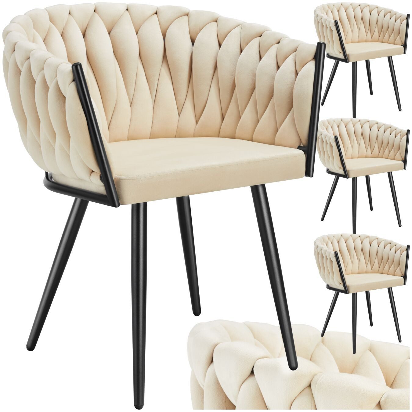 tectake Esszimmerstuhl Samtstuhl gepolstert, mit Samtbezug, Knotendesign, 60,5 x 55 x 75 cm (Polsterstuhl Astano in Sand, 4 St), Stahlbeine, höhenverstellbare Kunststofffüße, Belastbarkeit 120 kg