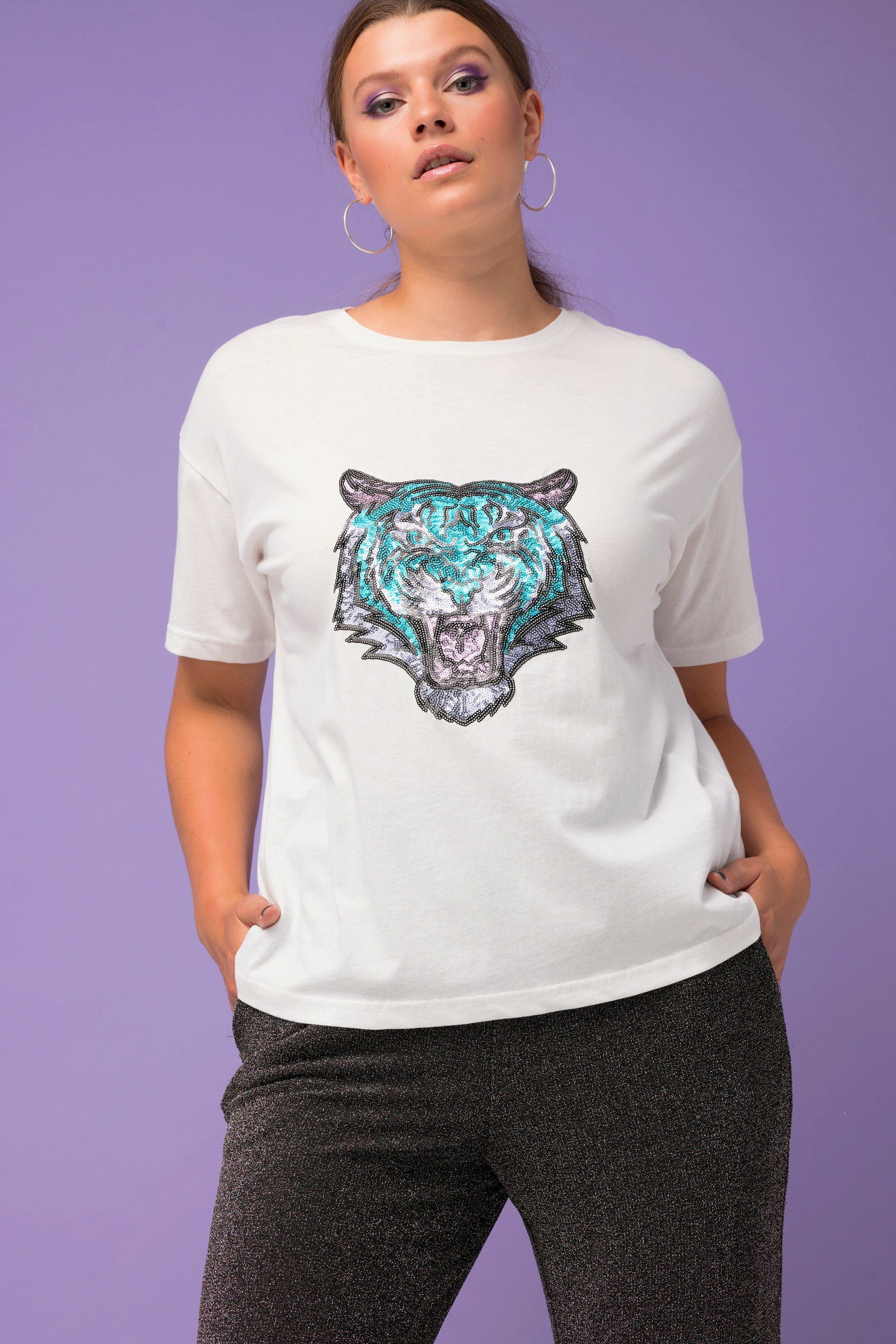 Tiger Pailletten-Patch T-Shirt Rundhals Studio Untold oversized offwhite Rundhalsshirt