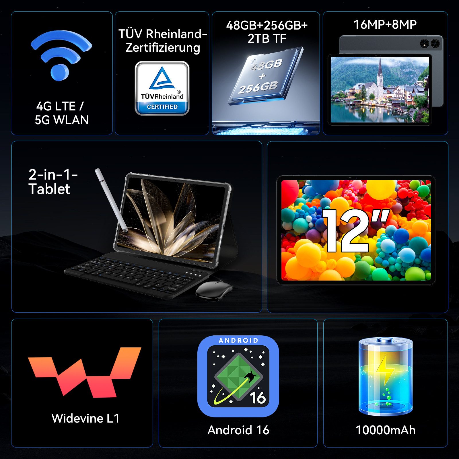 TABWEE T60 12,2" Android 16 4G LTE 10000 mAh Akku 256 GB Tablet (12.2", 256 GB, Android16, Android 16, 4G LTE, 5G Wifi, 10000 mAh Akku, mit Stift/Maus/Tastatur)