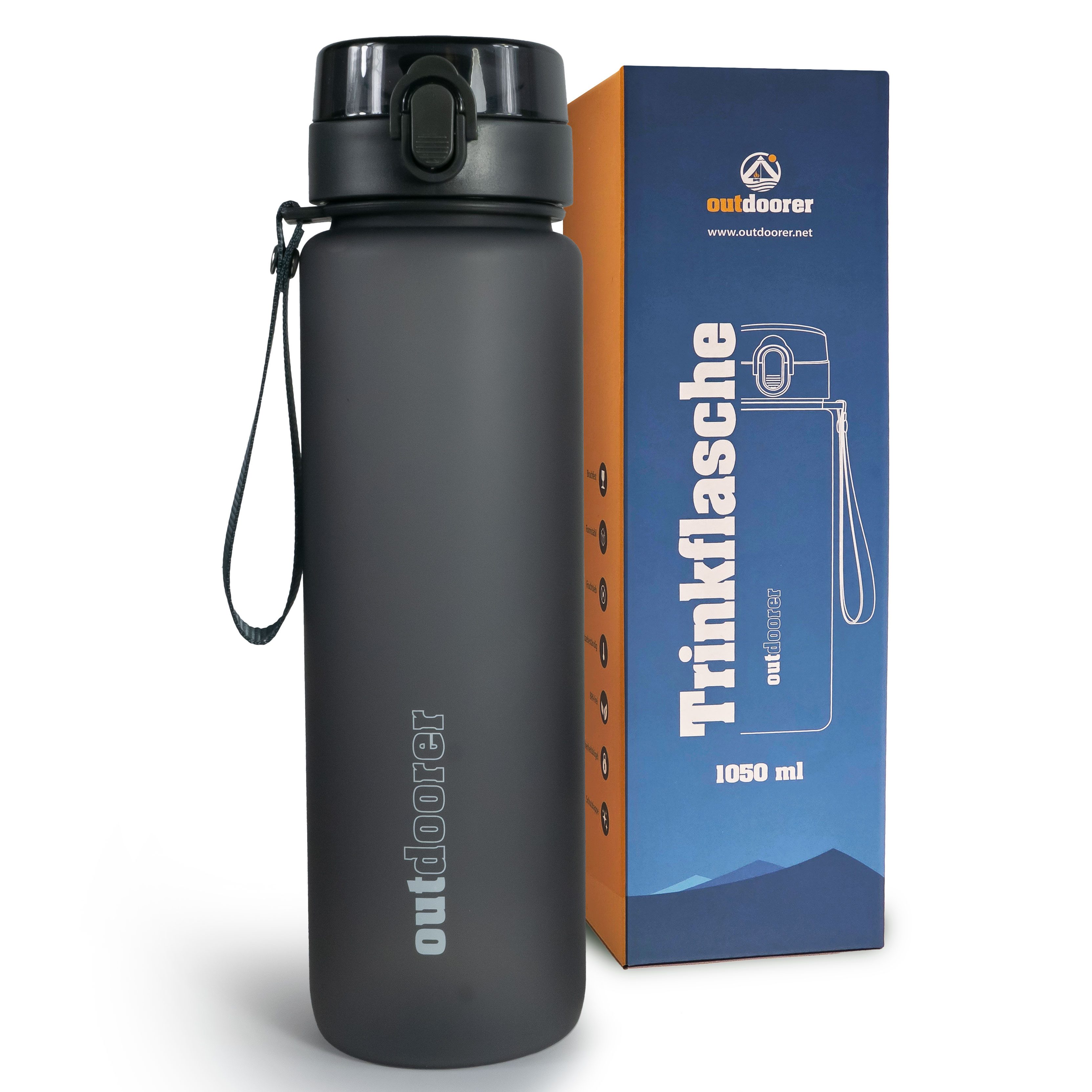 outdoorer Trinkflasche 1 Liter grau, BPA-frei, mit Fruchtsieb