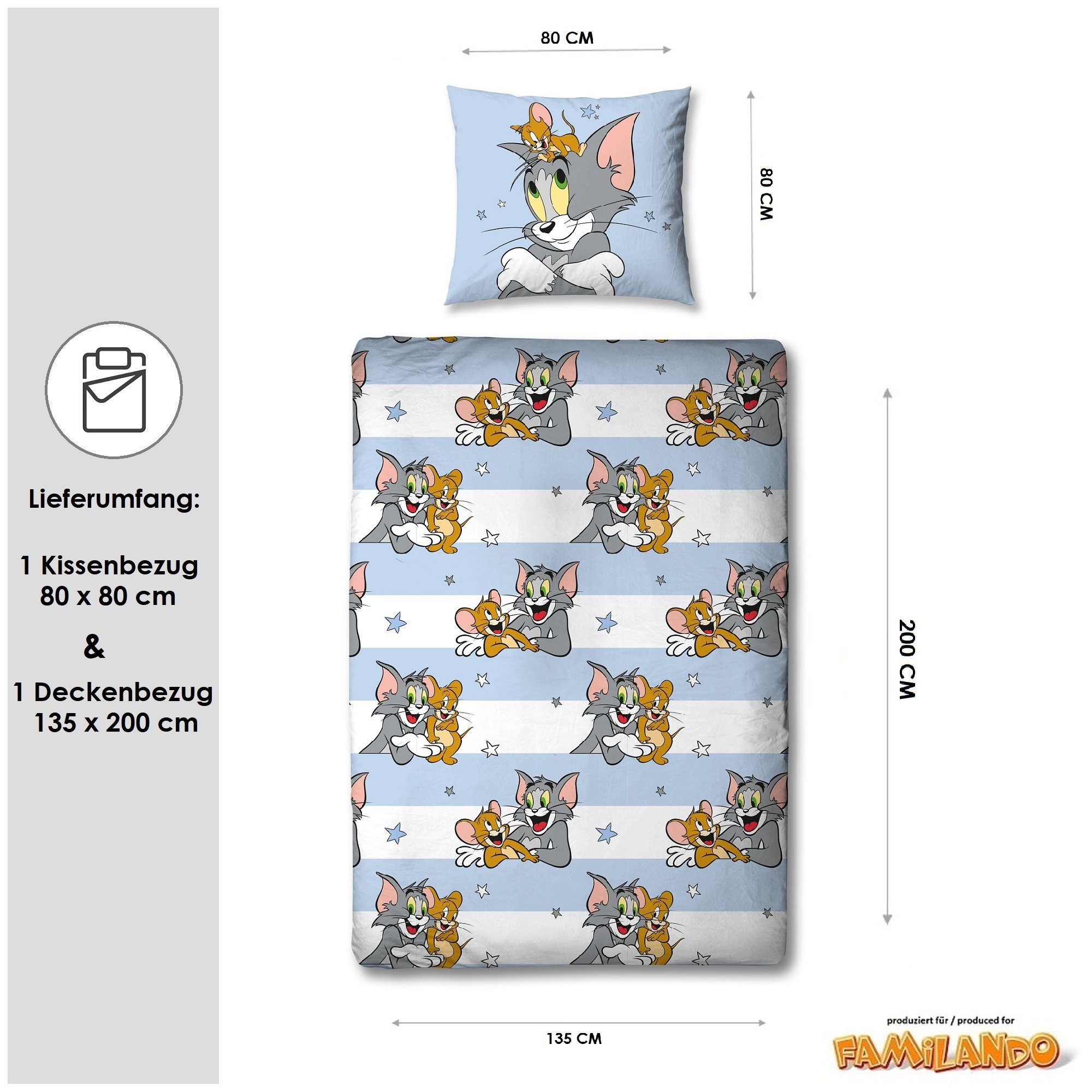 Familando Kinderbettwäsche Tom und Jerry "Mäusejagd" 135x200 + 80x80 cm aus 100% Baumwolle, Renforcé, 2 teilig, mit Wendemotiv auf Bettdecke und Kopfkissen