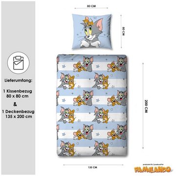 Kinderbettwäsche Tom und Jerry "Mäusejagd" 135x200 + 80x80 cm aus 100% Baumwolle, Familando, Renforcé, 2 teilig, mit Wendemotiv auf Bettdecke und Kopfkissen