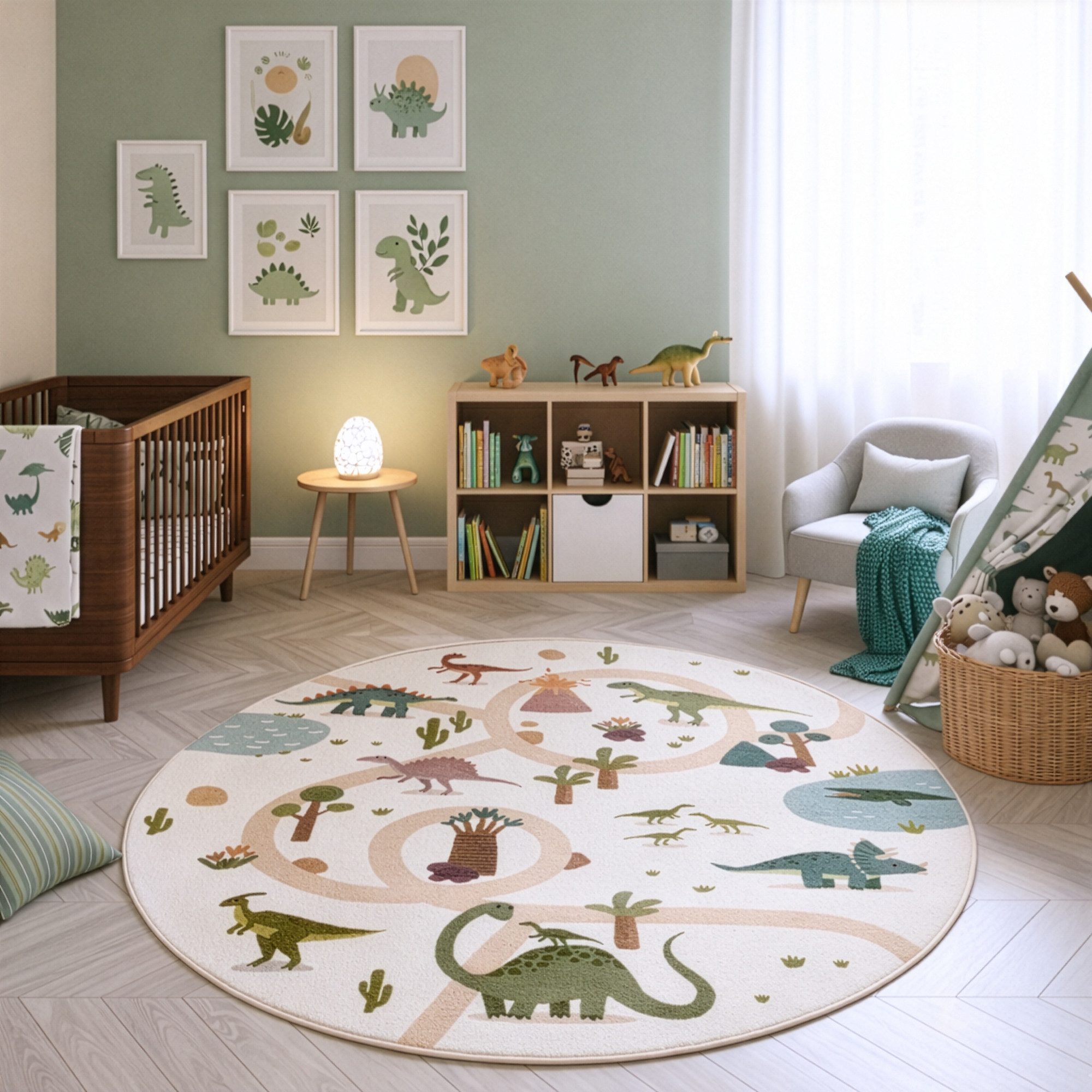 Teppium Teppich Bunte Dino Welt, Rund, Höhe: 5 mm, Teppich Kinderzimmer