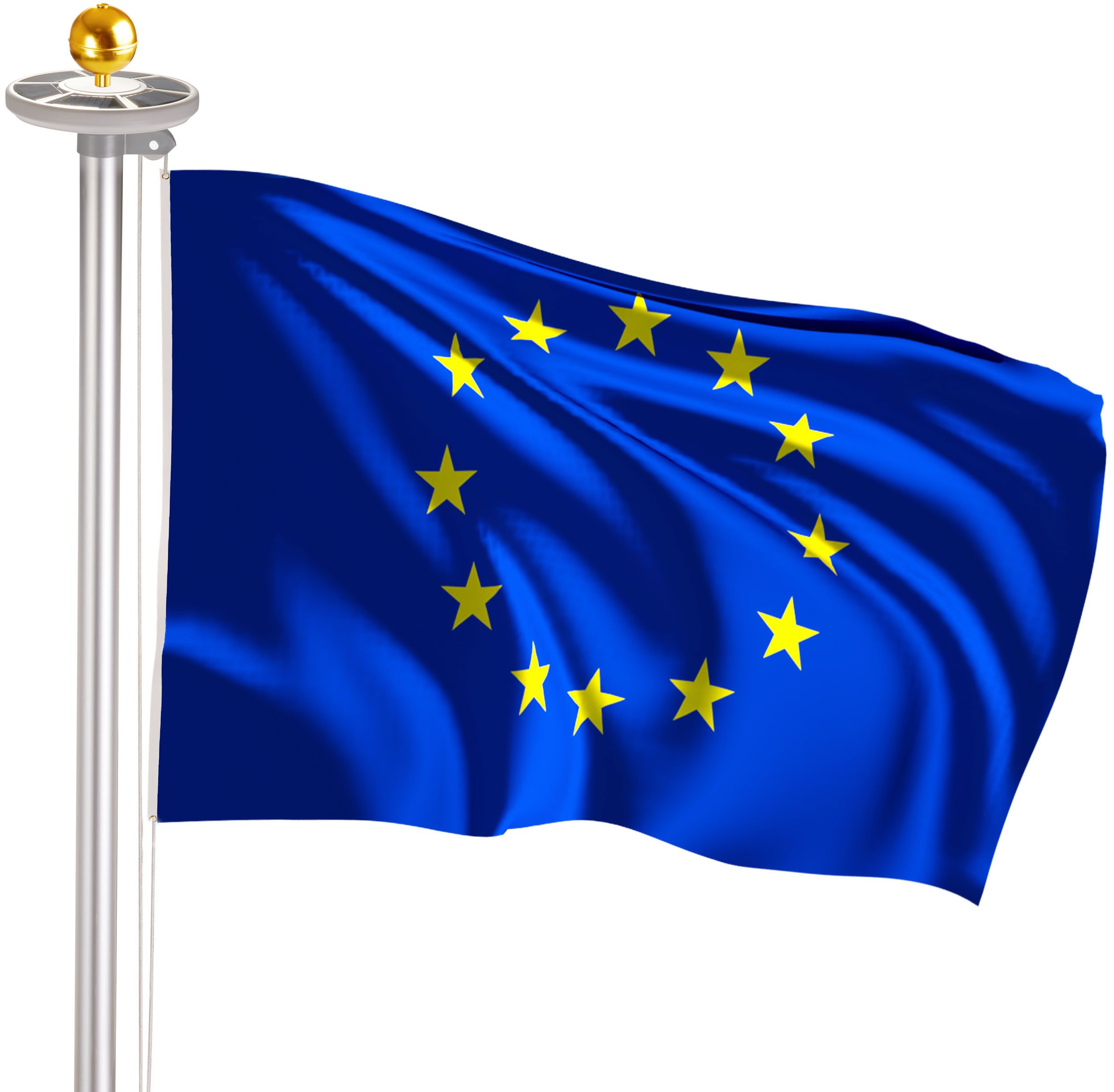 BRUBAKER Fahnenmast Aluminium Fahnenmast inkl. Europa Flagge, LEDs und Kugelspitze Gold, (Solar-Energie Licht mit 26 LEDs - All-in-One Set), mit Bodenhülse und Europäischer Fahne 150 x 90 cm