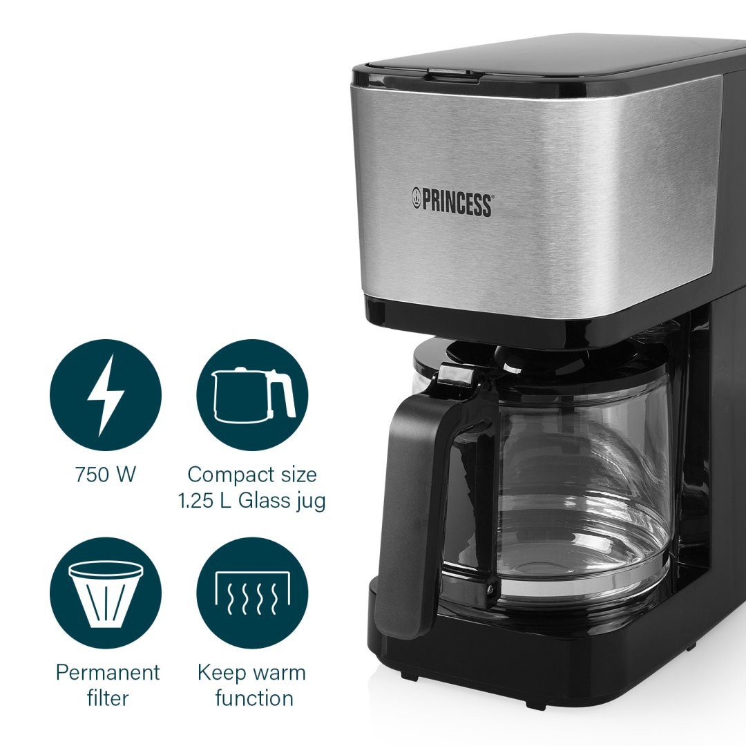 PRINCESS Filterkaffeemaschine 01.246031.01.001, 1,25 L Glaskanne - 750 W