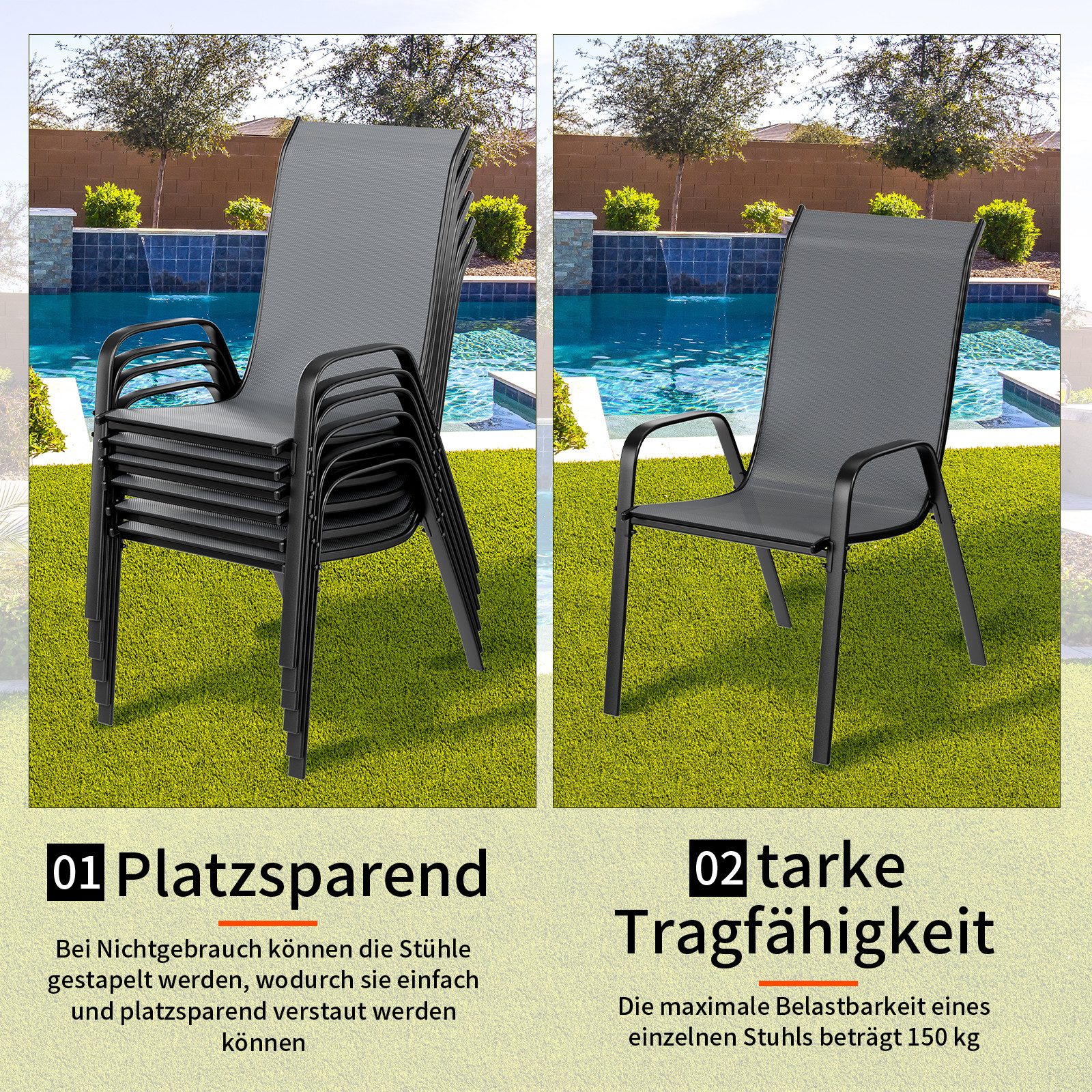 TLGREEN Stapelstuhl Gartenstühle Stapelstuhl,Camping Stapelbar Hochlehner, (Terrassenstuhl Textilene Stahlgestell für Gärten Innenhöfe Balkone Restaurants, 6 St – Bild 5 von 5