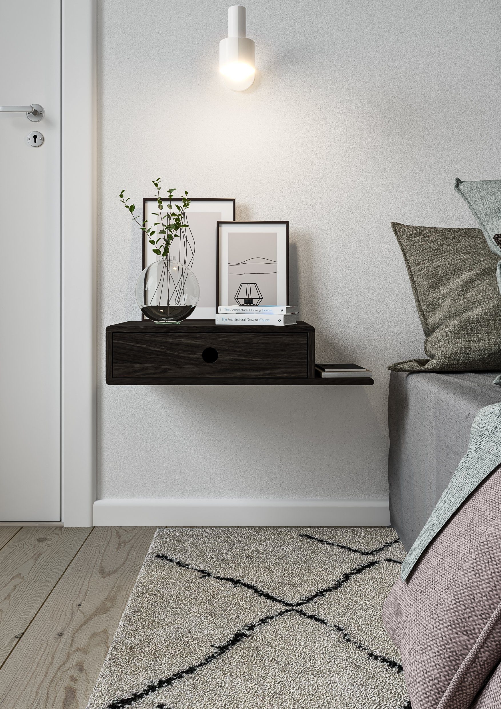 Woodek Design Nachttisch HOPE, moderne Nachtkommode mit Regal an der Seite, zeitloses Design (Ablagetisch aus schwarzer Buche, 1-St., schwebendes Wandregal mit Schublade), minimalistischer Nachtschrank