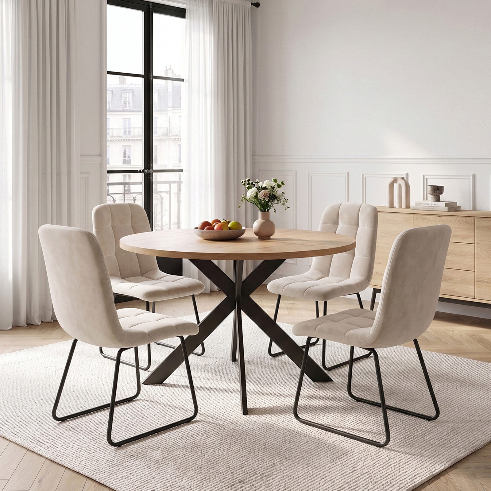 Jiexi Essgruppe Essgruppe Runder Esstisch 110cm MDF Holzoptik Flanell Stühle Set