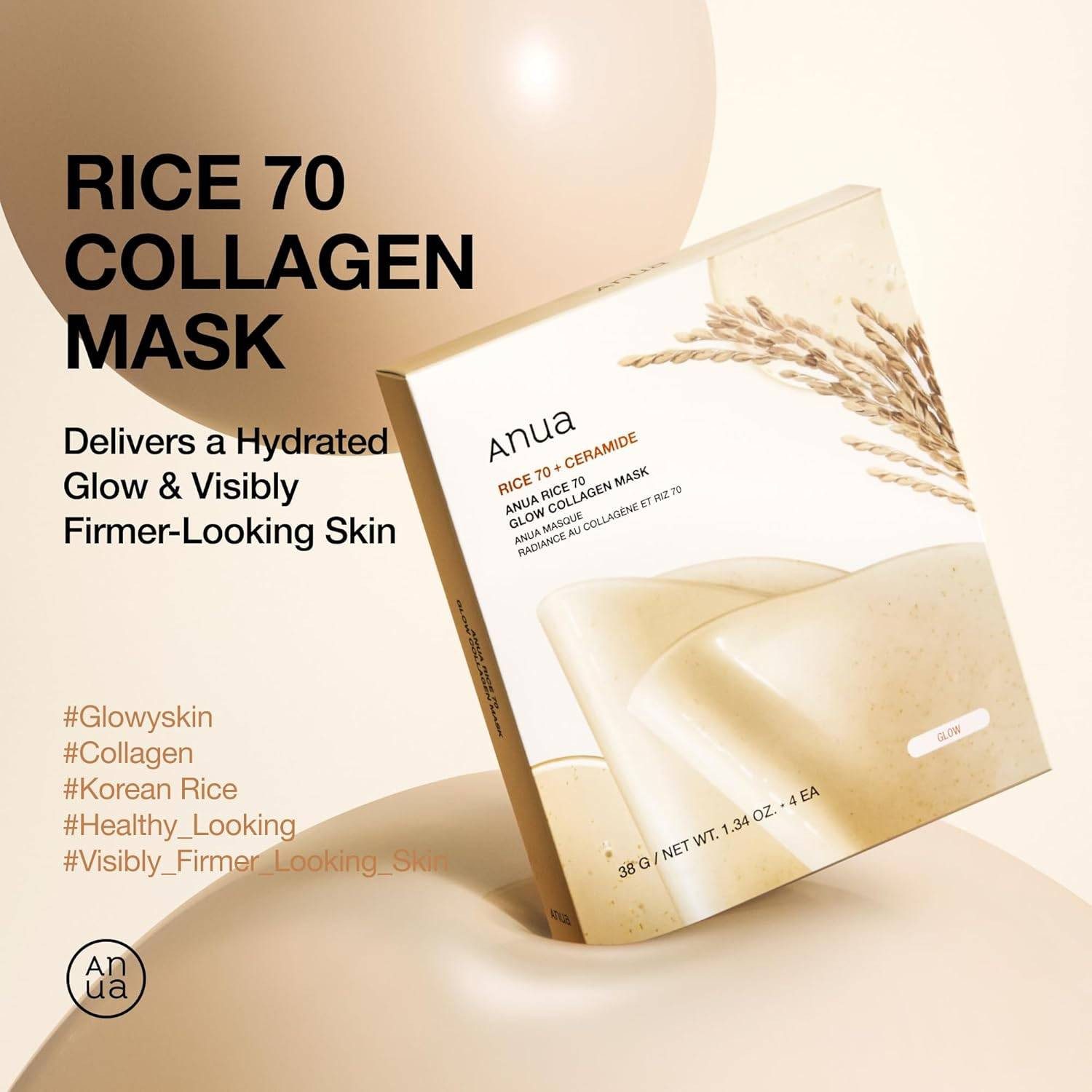 Anua Gesichtsmaske Rice 70 Glow Collagen Mask 4er Pack – zweiteilige Hydrogel-Tuchmaske mit 70% Reisextrakt, Kollagen und Niacinamid – spendet intensive, Feuchtigkeit, unterstützt ebenmäßiges Hautbild & für alle Hauttypen