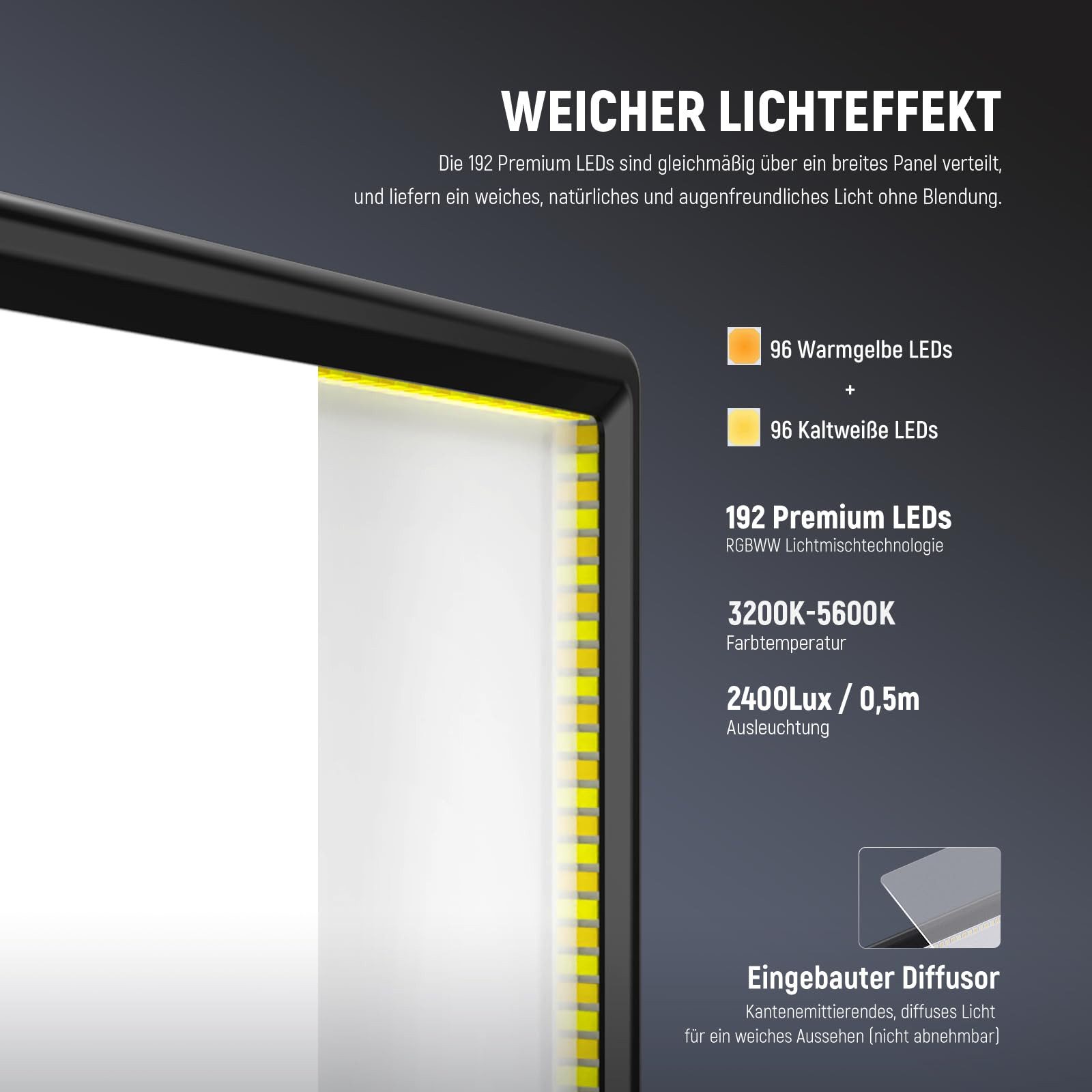 Neewer Videoleuchte NL-192B 13" LED Panel Videolicht, 20W, dimmbar, Ultradünne, 3200-5600K, 8000mAh, CRI97+, Foto-Schlüssellicht für Streaming Studio Fotografie