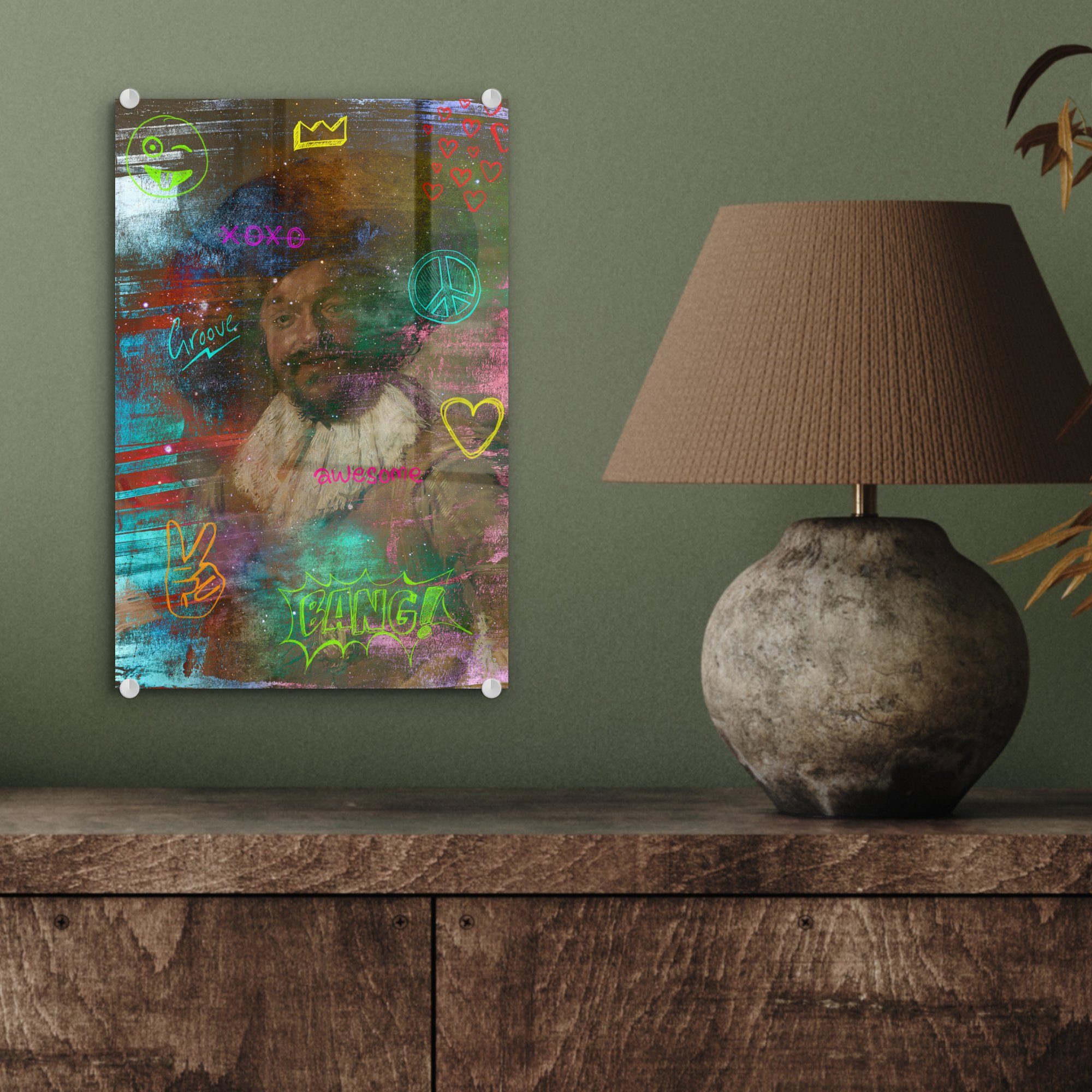 MuchoWow Acrylglasbild Der fröhliche auf St), Bilder Hals Wandbild auf Neon, - - Frans - Wanddekoration Glasbilder (1 bunt Foto Glas Glas - Trinker 