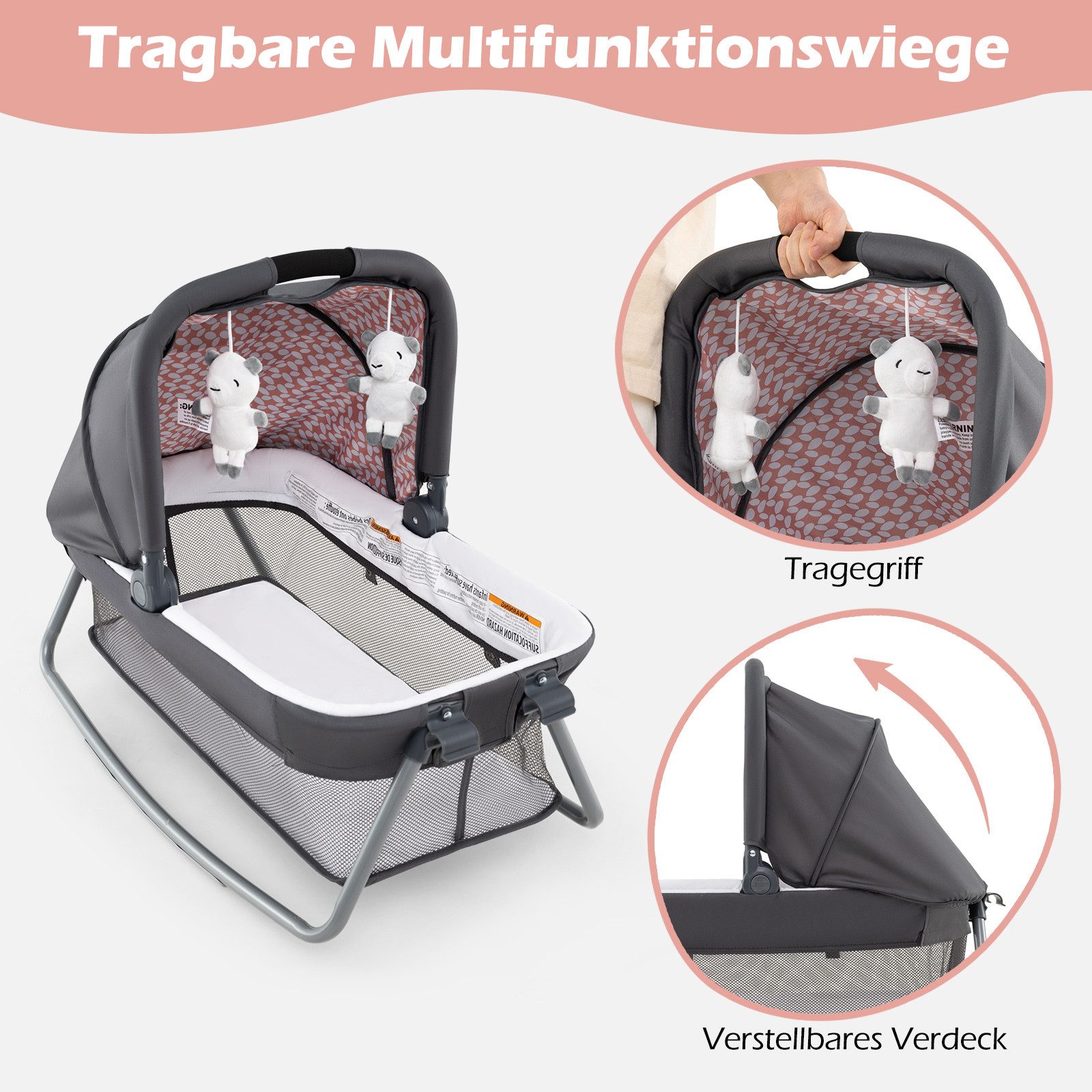 COSTWAY Baby-Reisebett, 1-tlg., faltbares Babybett mit Wickeltisch, Babywiege & Matratze