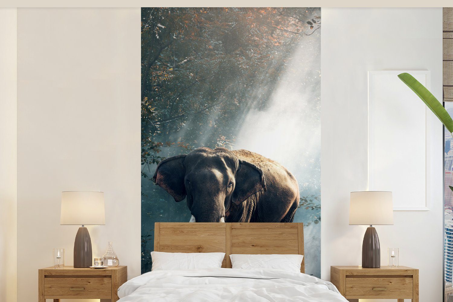 Natur - Tiere Fototapete - bedruckt, - Küche, Matt, Schlafzimmer - Wohnzimmer Licht (2 Wald MuchoWow Fototapete - Vliestapete Elefant Wildtiere, für St),