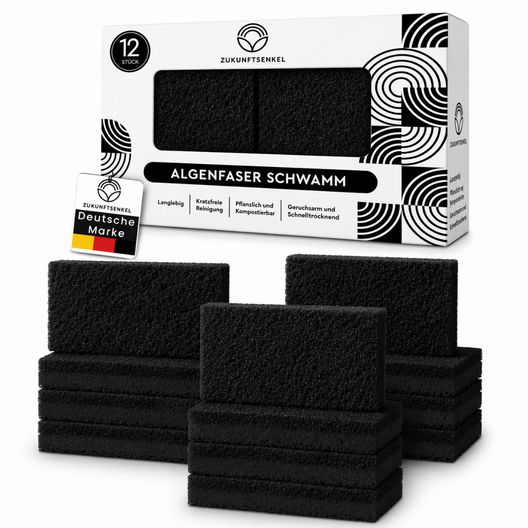 ZUKUNFTSENKEL Geschirrschwamm Nachhaltige Schwarze Spülschwämme 12er Pack, Biologisch Abbaubare Küchenschwämme aus Algenfaser