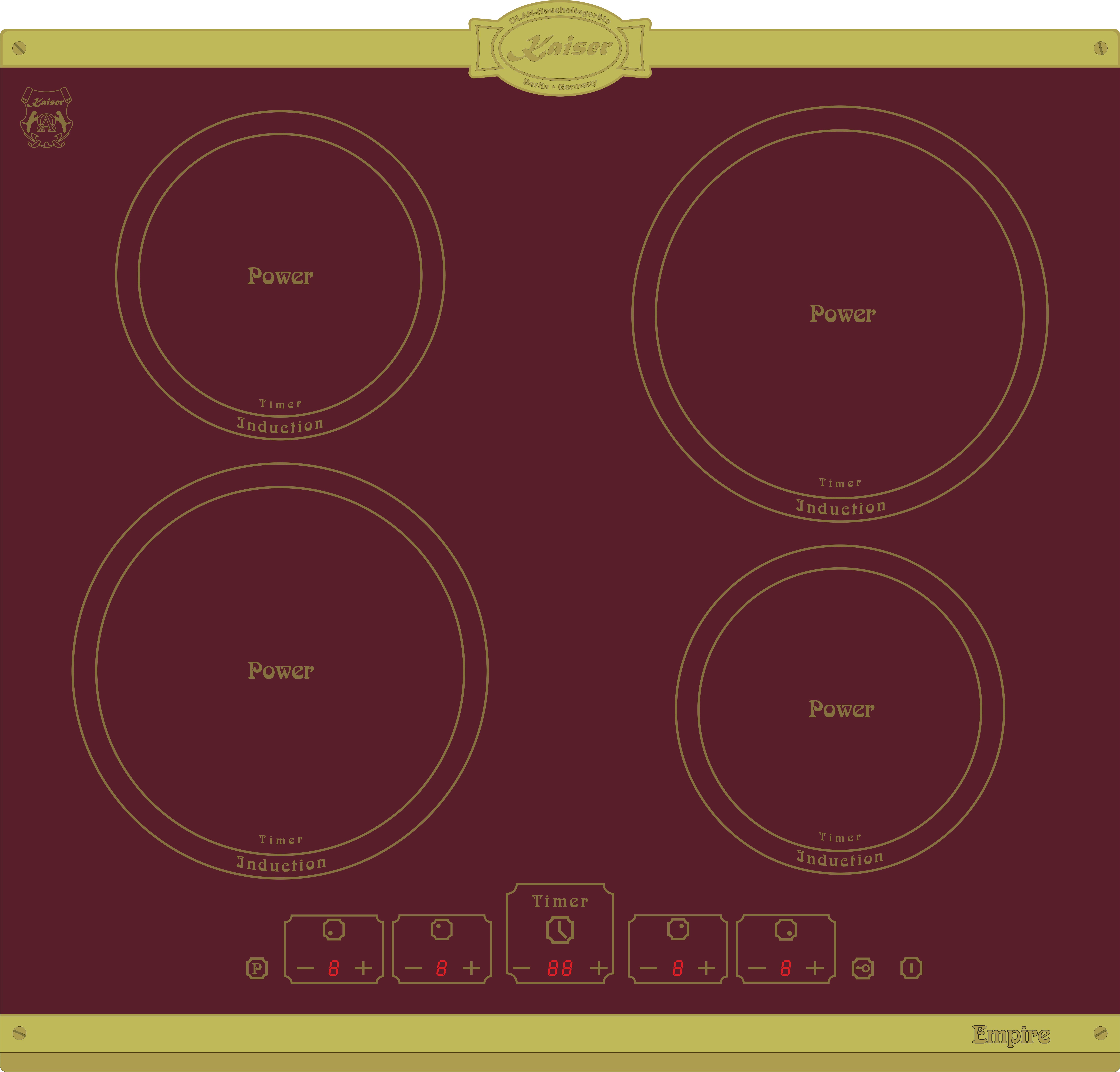 Kaiser Küchengeräte Induktions-Kochfeld Kaiser Empire Kochfeld Induktion KCT 6195 iRotEm Induktionskochfeld 60 cm Autark Bordeaux, 4 Induktions-Kochzonen mit Power-Funktion (Booster), Touch control, Timer, Induktionskochfeld 60 cm, Kochfeld 4xQickHeat Kochzonen,Bordeaux
