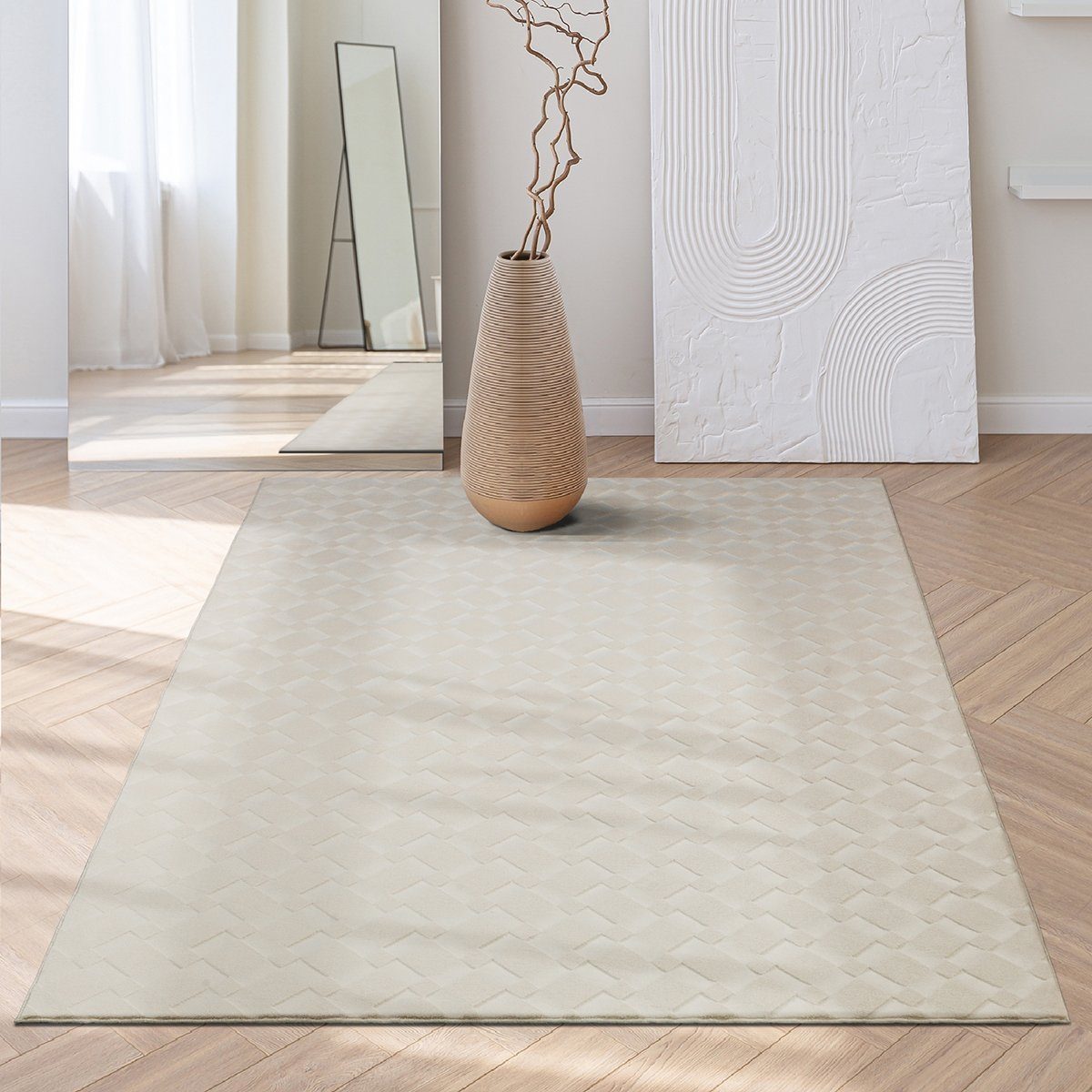 Teppich Rio - moderner und weicher Teppich, the carpet, rechteckig, Höhe: 16 mm, Anti-Rutsch, 3D-Optik, flauschiger Flor, pflegeleicht und robust Creme