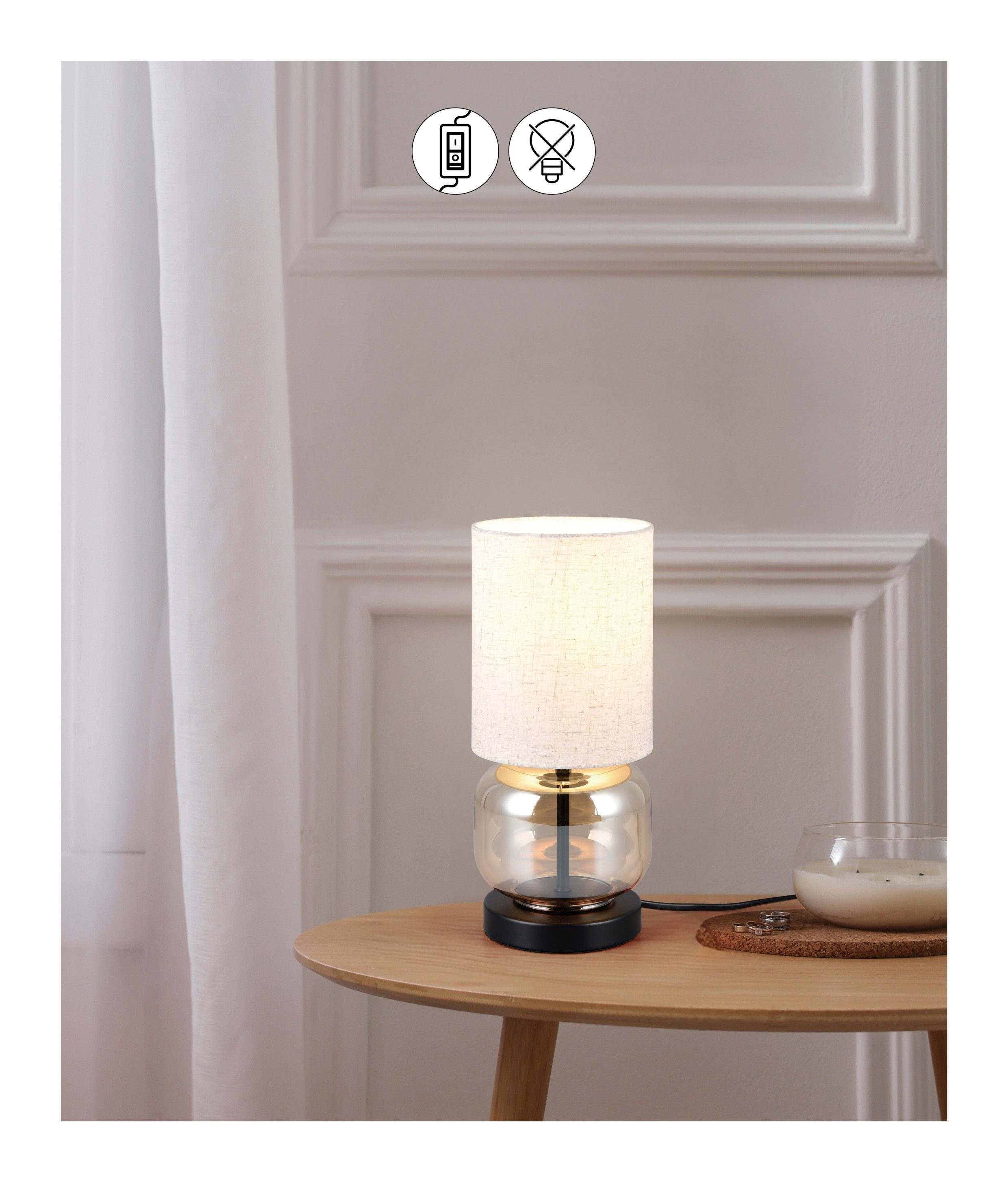 OTTO home Schreibtischlampe Jorrin, Tischlampe mit Glas und Stoffschirm exkl 1x E27 max 40W, Ein-/Ausschalter, Leuchtmittel wechselbar, warmweiß - kaltweiß, Nac – Bild 4 von 5