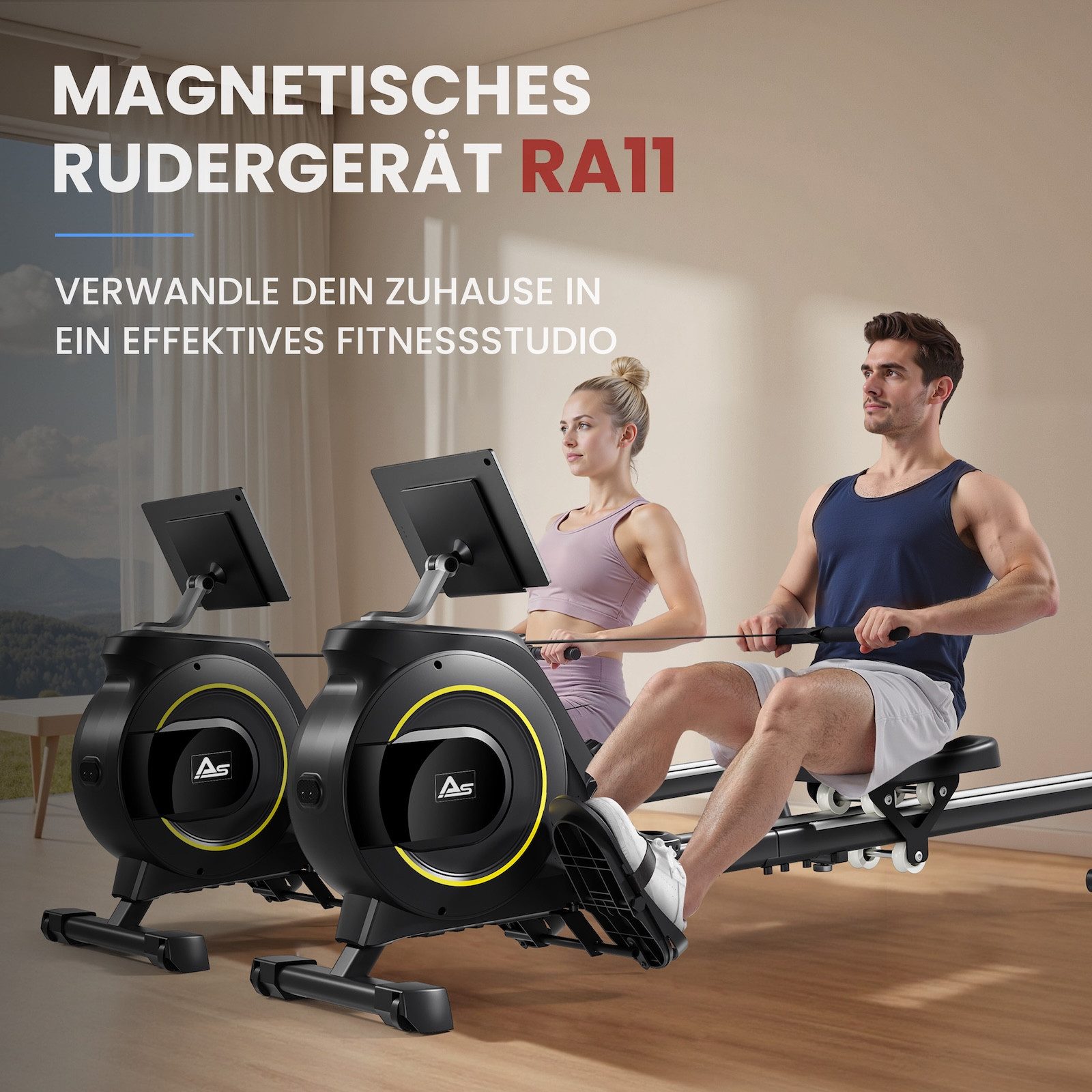 AsVIVA Rudergerät RA11 - mit 6,5 % Steigung, Bluetooth-Fitness-Apps, Heimtrainer, Selbstgenerierende Energie, 6,5% Schienenneigung, klappbar