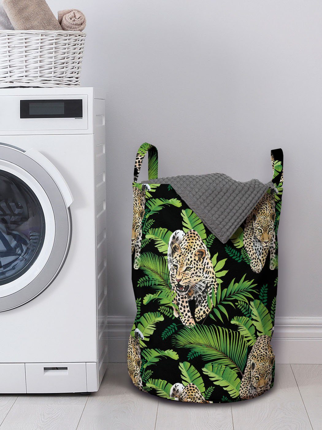 Waschsalons, Abakuhaus Griffen Wäschekorb Tierwelt Palmblätter Wilde mit Kordelzugverschluss für Leoparden Wäschesäckchen