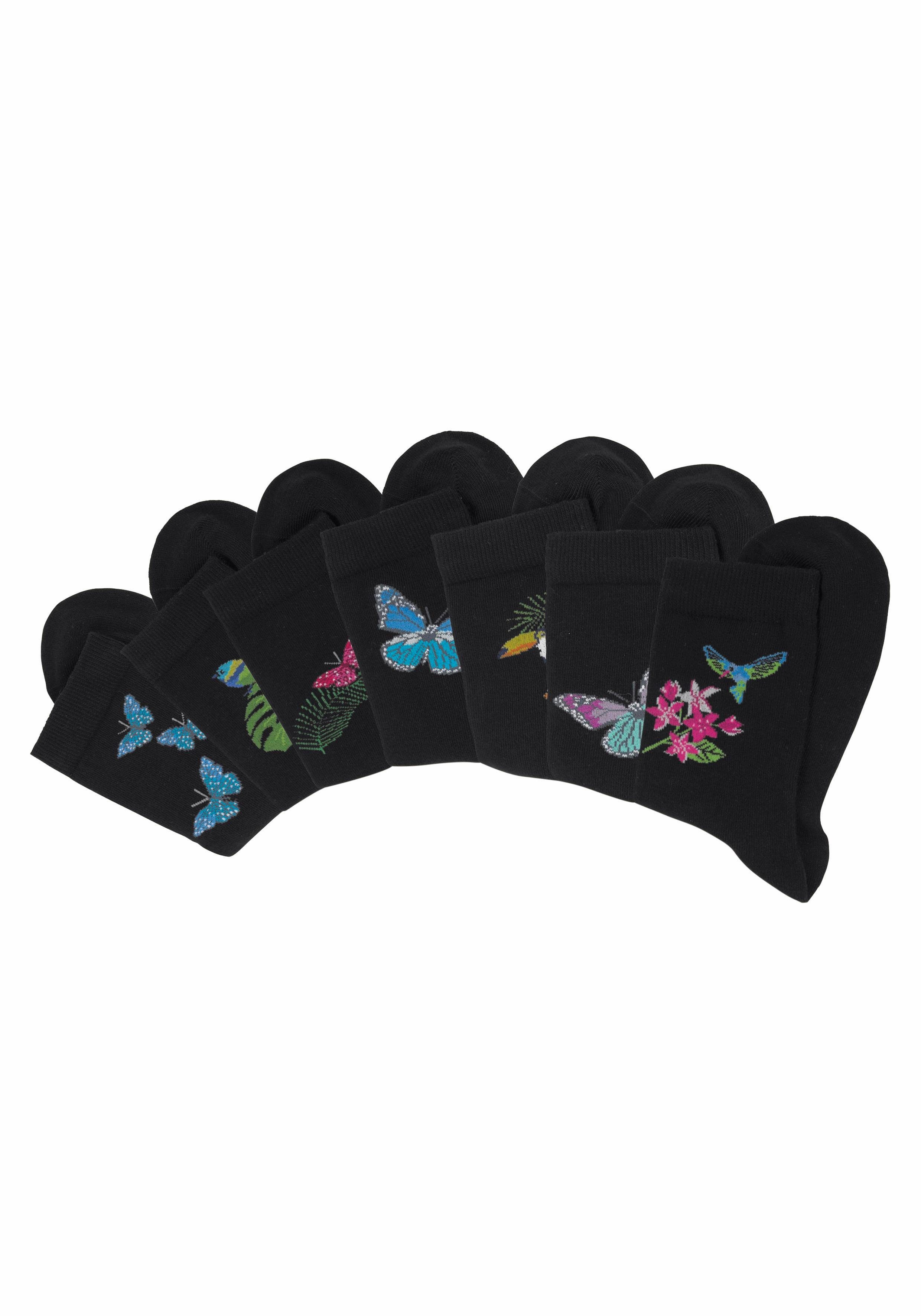 H.I.S Socken Schmetterlings- 7-Paar) mit (Set, Vogelmotiven und