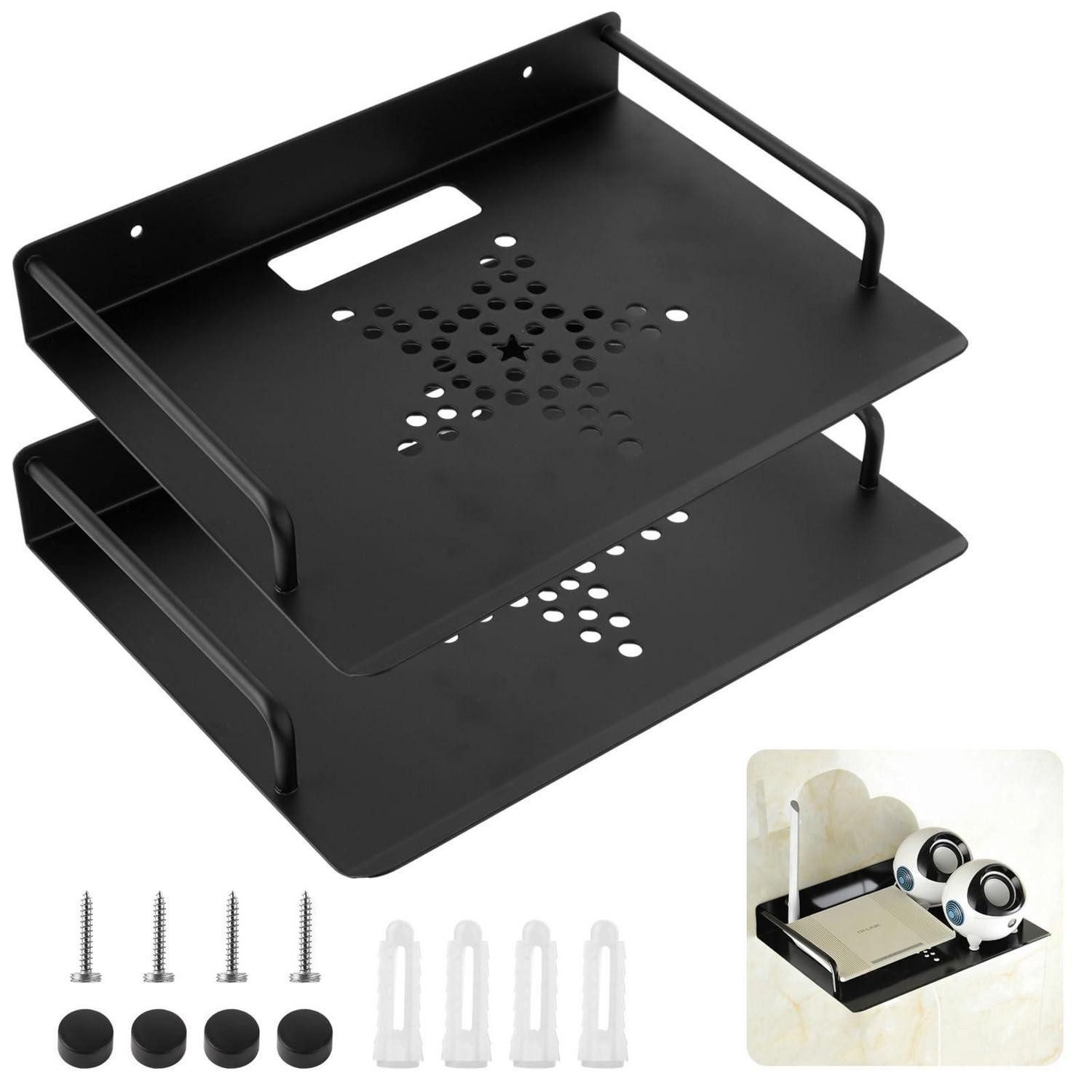 LuxusKollektion Media-Regal Router Regal Aluminium 26x21 cm Schwarz 2 Stueck, 2-tlg.