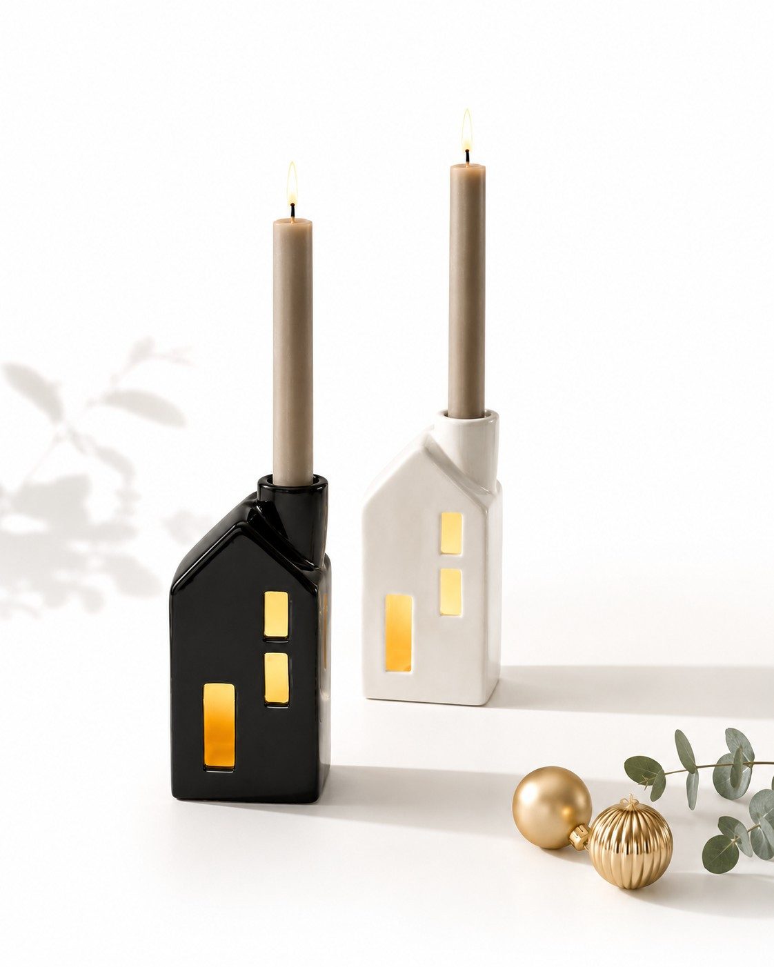 Wurm Kerzenhalter LED Lichthaus 2er Set Porzellan mit Kerzenhalter Schwarz & Weiß
