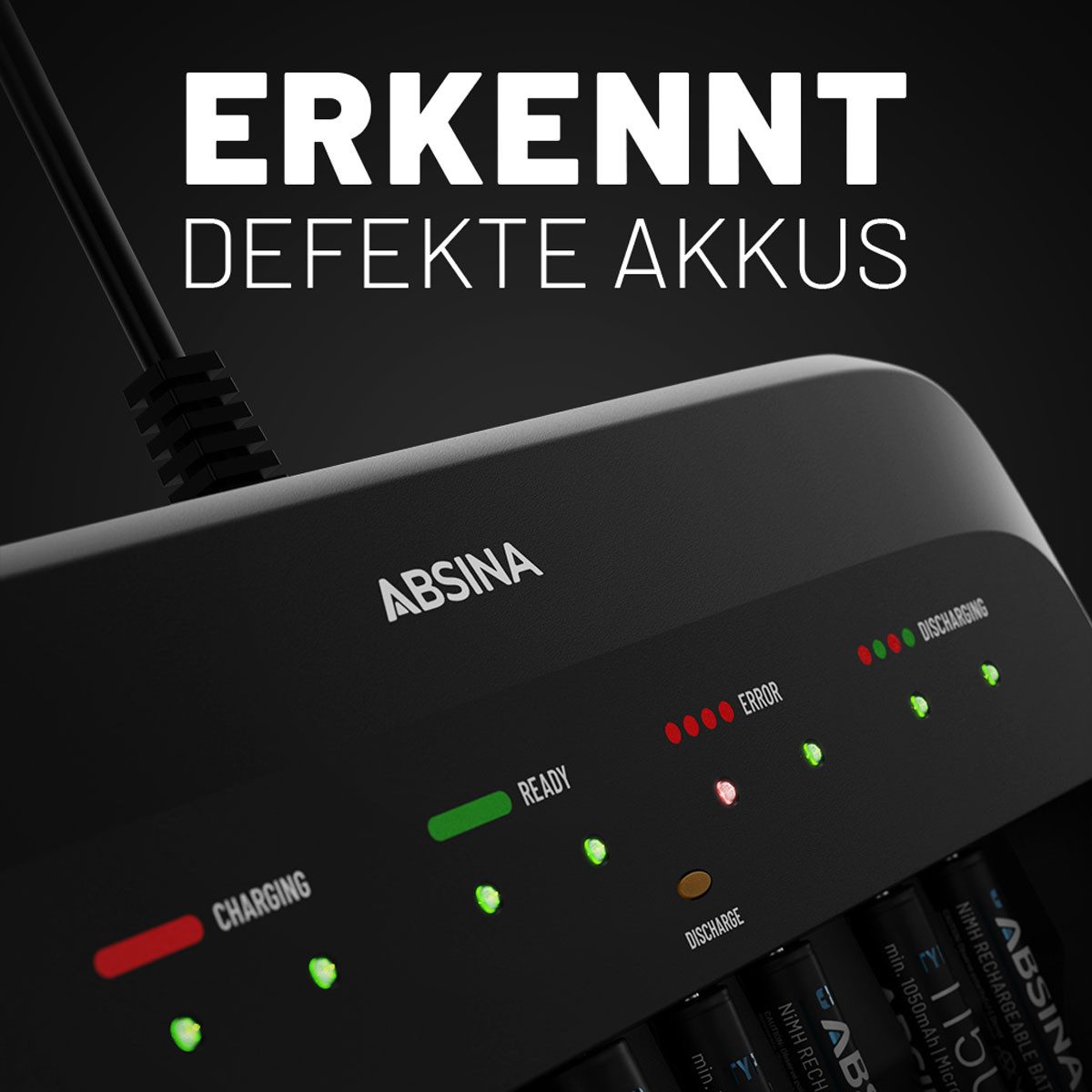 ABSINA X10 Akkuladegerät für AA, AAA & 9V - Batterieladegerät inkl. 8x Akkus Rundzellen-Lader (1-tlg)