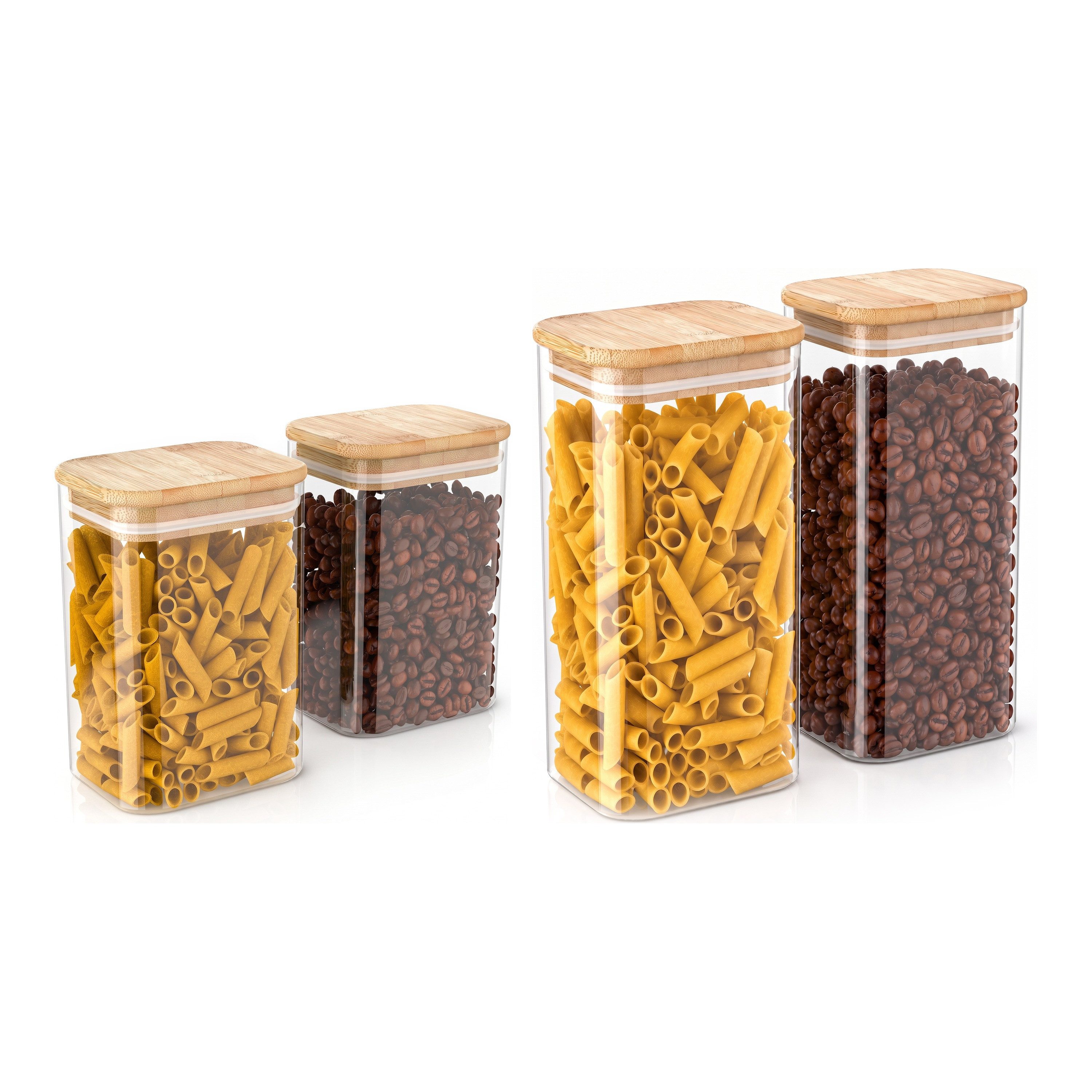 Arendo Vorratsglas eckig mit Bambusdeckel und Silikondichtung, luftdicht, 2 Größen, Borosilikatglas, (Set, 4-tlg., 2 x 1200 ml, 2 x 1600 ml), Glas gefrier-, mikrowellen- & spülmaschinenfest, -40 bis +400 °C