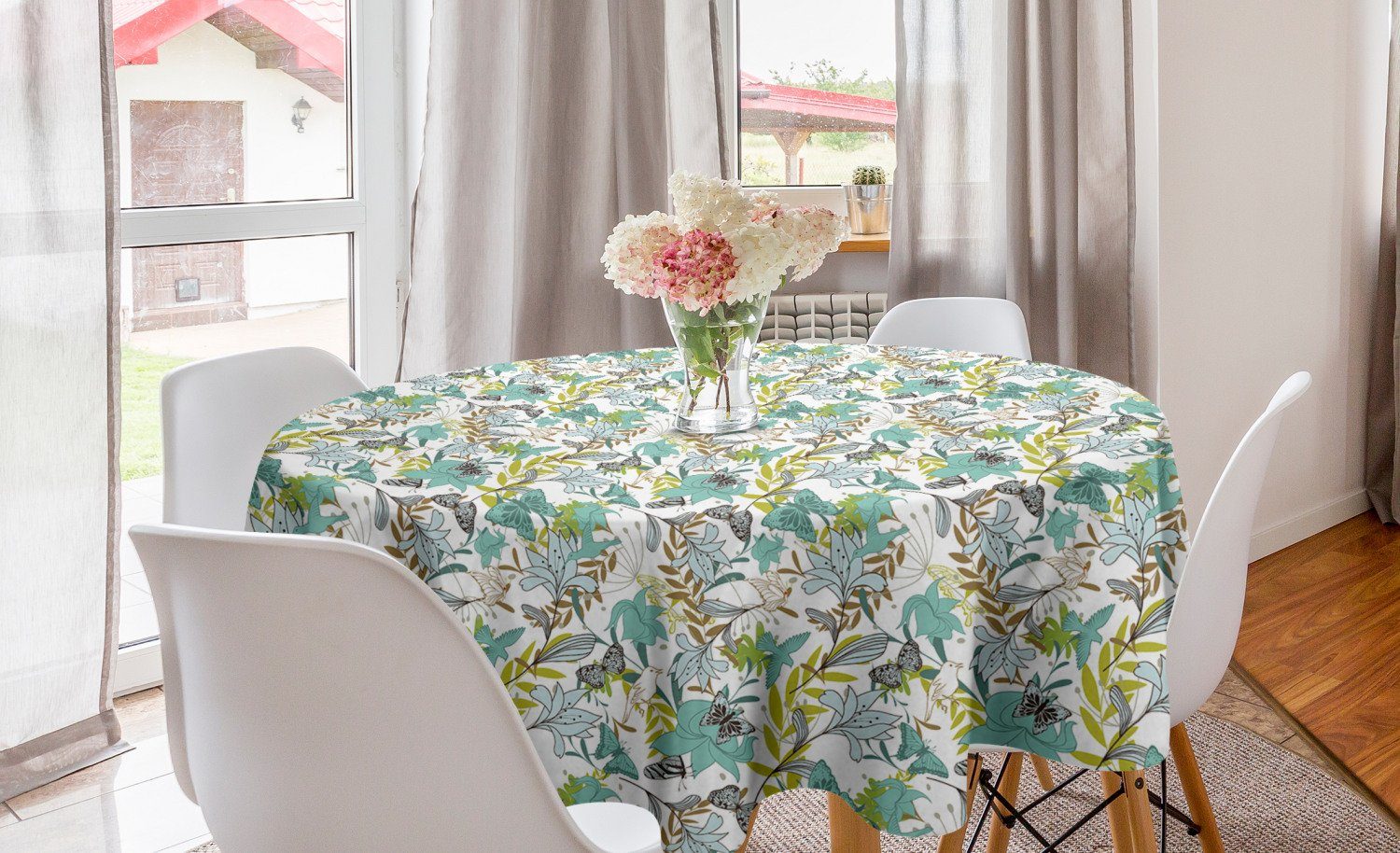 Abakuhaus Tischdecke Kreis Tischdecke Abdeckung für Esszimmer Küche Dekoration, Blumen Fliegende Vögel Schmetterlinge