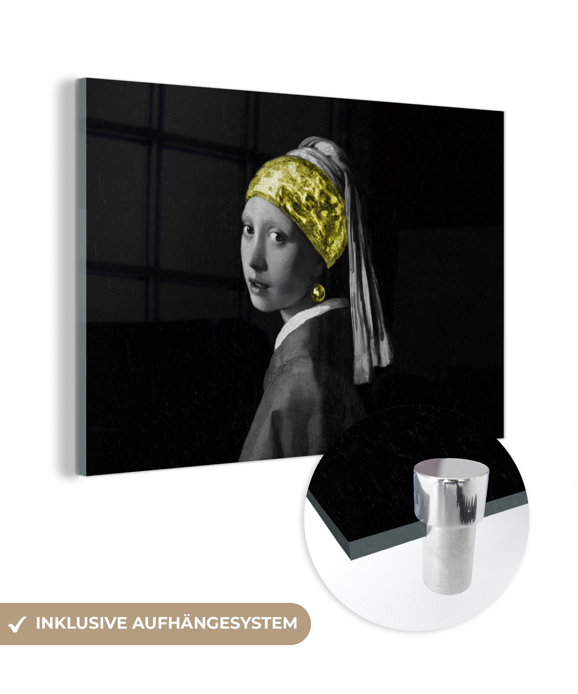 MuchoWow Acrylglasbild Mädchen mit Perlenohrring - Gold - Stirnband, (1 St), Glasbilder - Bilder auf Glas Wandbild - Foto auf Glas - Wanddekoration