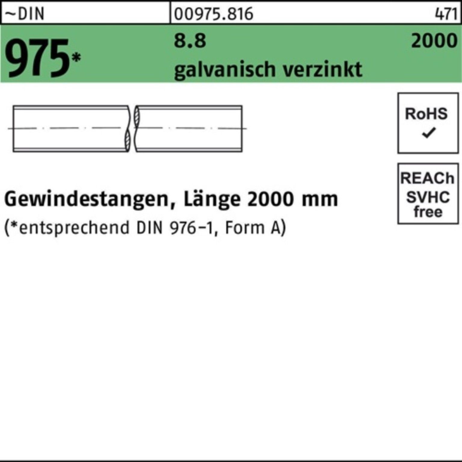 Reyher Gewindestange 100er Pack Gewindestange DIN 975 M10x 2000mm 8.8 galv.verz. 1 Stück ~