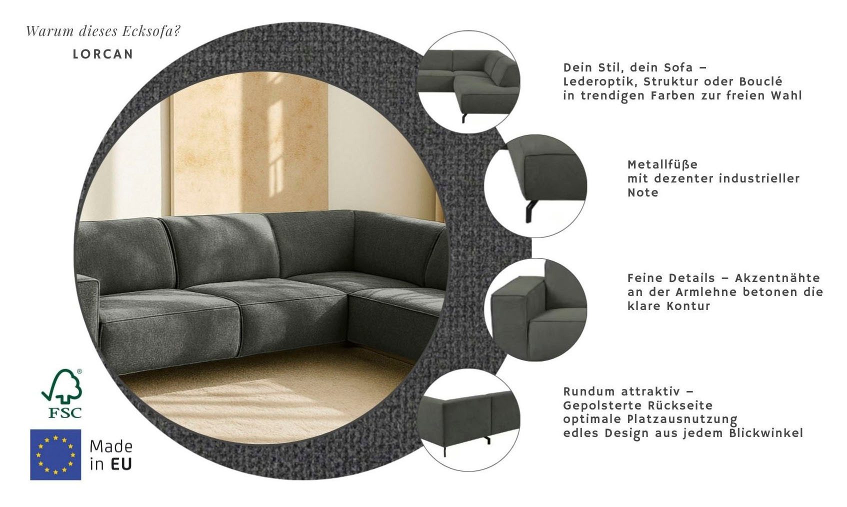 Home affaire Ecksofa LORCAN mit Metallfüßen, Breite 275 cm, weiches Sitzgefühl, Metallfüße, Lederoptik, Struktur, Bouclé