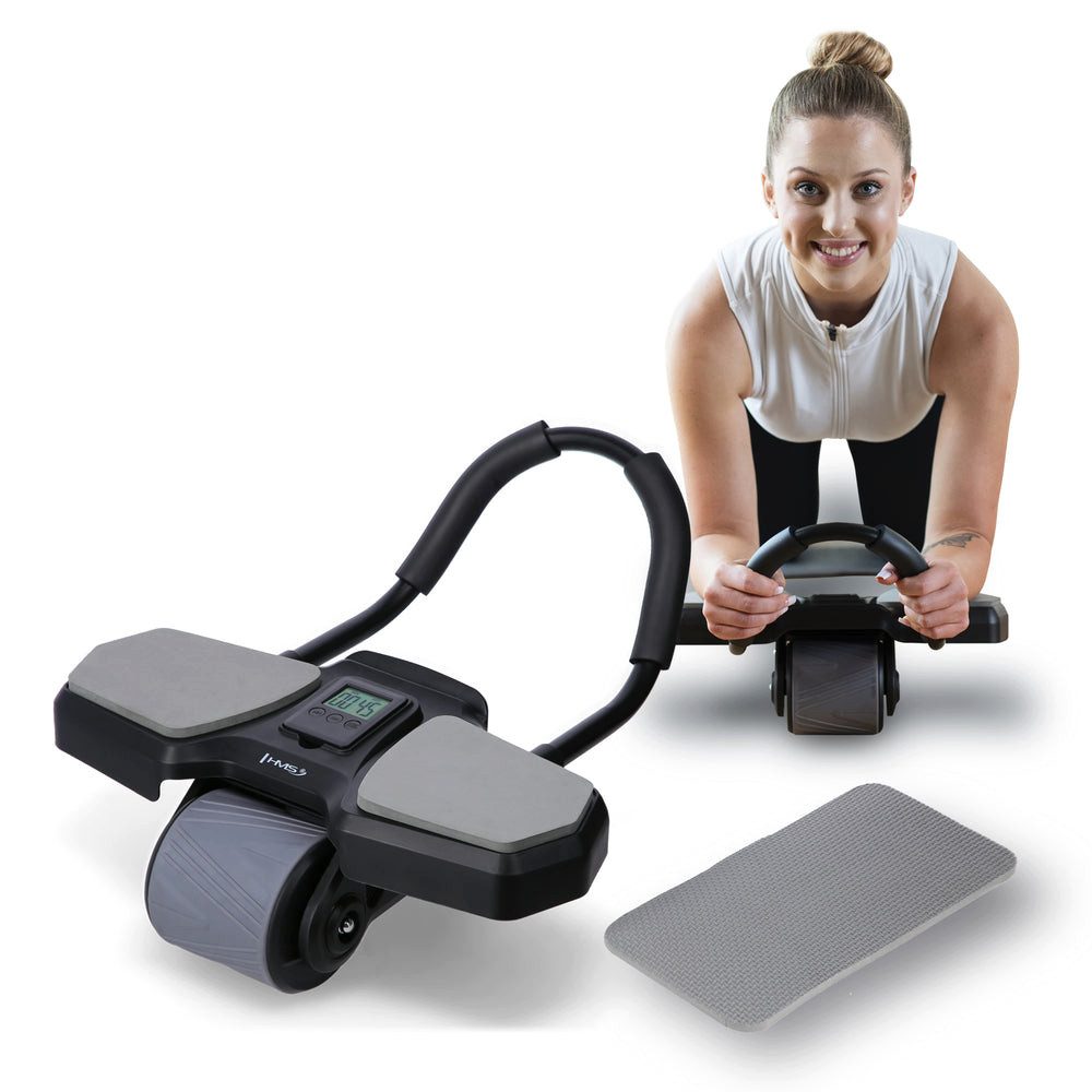 HMS Bauchtrainer Bauchroller Bauchmuskeltrainer Trainingsrad (Spar-Set, 1-St., 45 x 41 x 25 cm stabil), Autom. Rücklauf, LCD-Timer, Handyhalter, Kniepolster