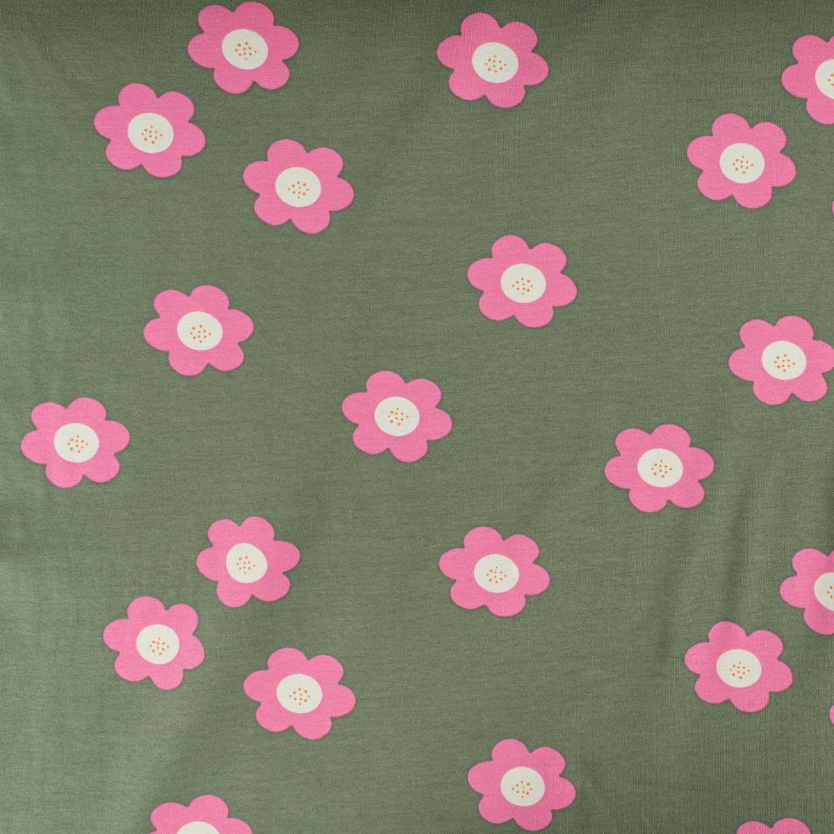 Stoff French Terry Sommersweat BIG FLOWERS Blumen altgrün pink 1,5m Breite