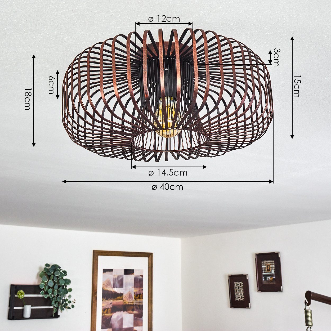 hofstein Deckenleuchte »Pieris« runde Deckenlampe aus Metall in Schwarz/Kupfer, ohne Leuchtmittel, E27, Retro-Leuchte mit Lichteffekt durch Gitter-Optik – Bild 4 von 5