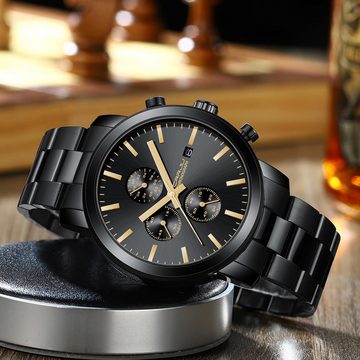 CRRJU Fur Herren mit Schwarz Stoppuhr Chronographen EdelstahlBand Watch, mit Datum Analog Quarzuhren Wasserdicht Armbanduhr Business