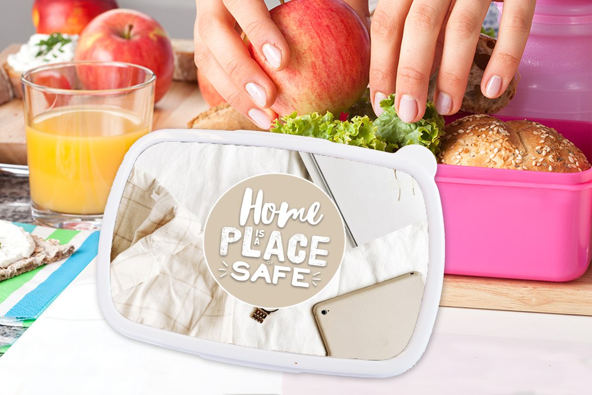 (2-tlg), Erwachsene, Zuhause Sicherheit' rosa MuchoWow Kunststoff 'Das Ort Kunststoff, ein - Brotdose Lunchbox Brotbox der Sprichwörter für - Snackbox, ist Zitate, Mädchen, Kinder,