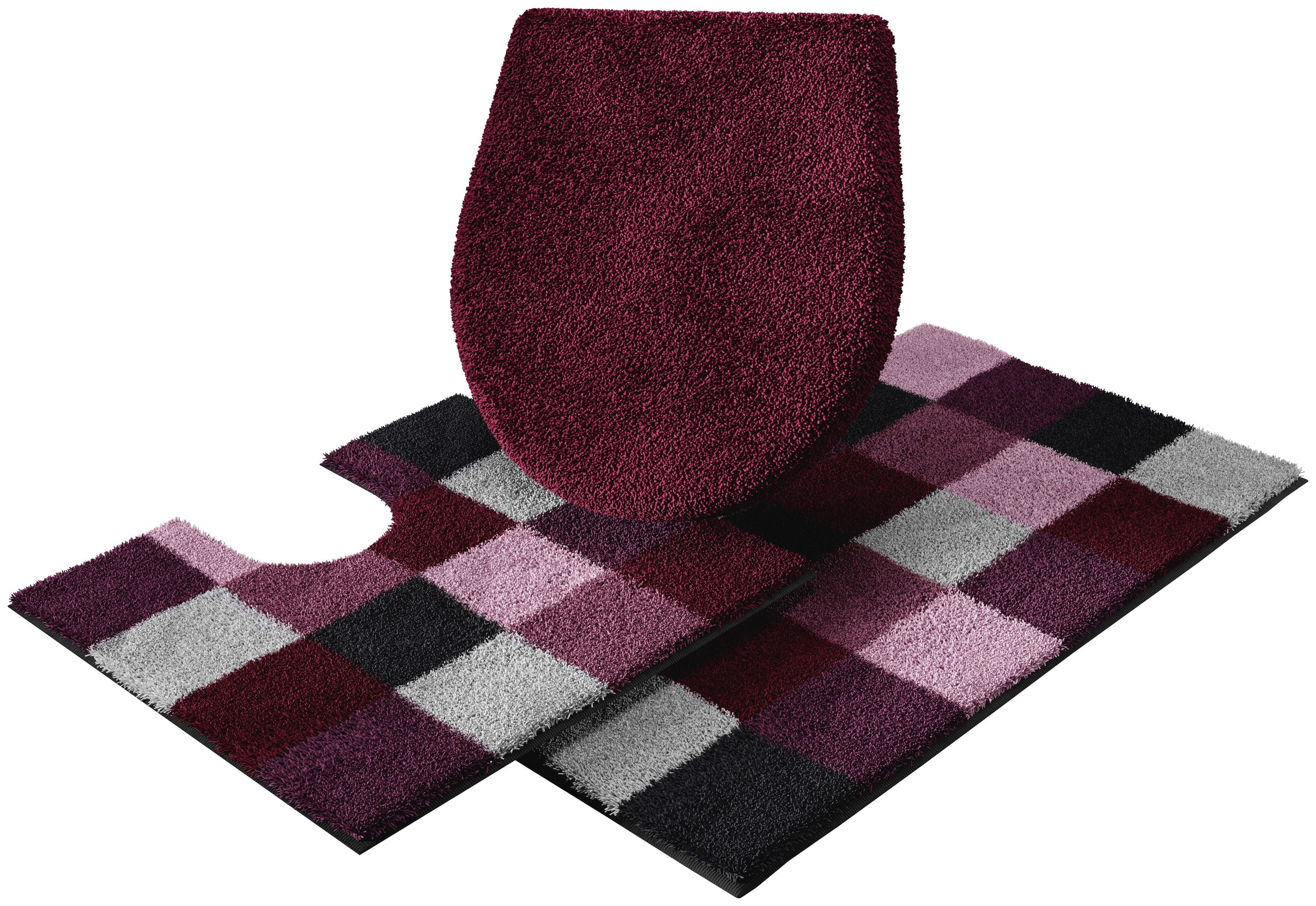Grund Badematte Mosaik, Badvorleger, Badezimmer Teppich, sehr weich, Höhe 20 mm, rutschhemmend beschichtet, fußbodenheizungsgeeignet, Kunstfaser, rechteckig, 3-tlg. Stand-WC Set, angenehm weich, auch als 3 teiliges Set erhältlich, Made in Europe