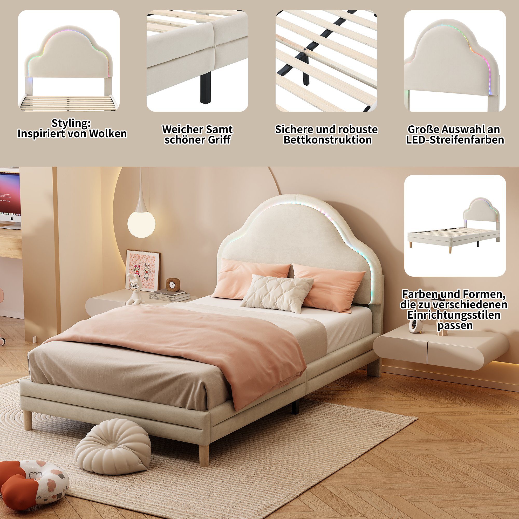 Flieks Polsterbett, LED Beleuchtung Kinderbett Einzelbett mit Wolkenform Kopfteil 90x200cm