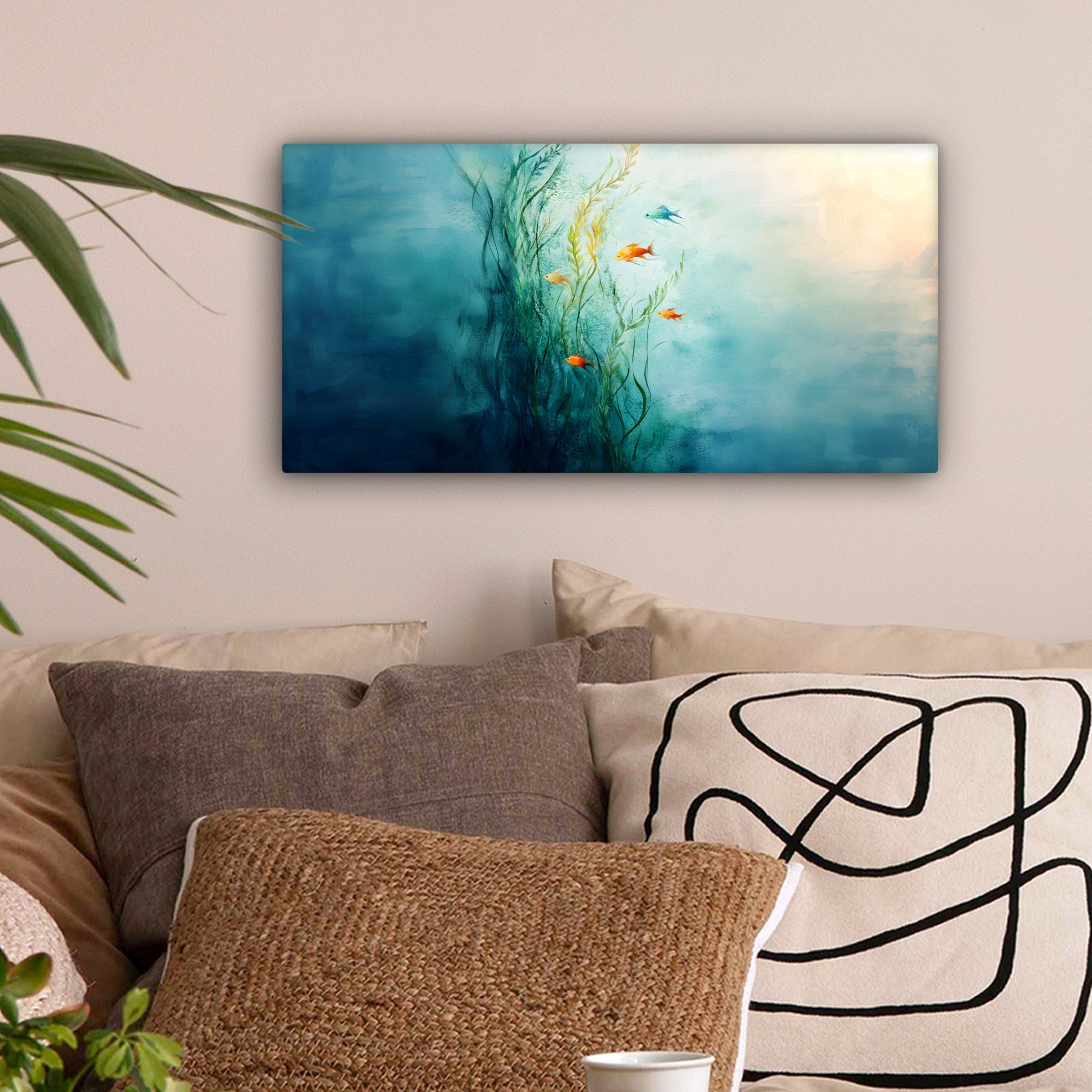 OneMillionCanvasses® Leinwandbild Panorama Wasserpflanzen - Fische - Farben günstig online kaufen