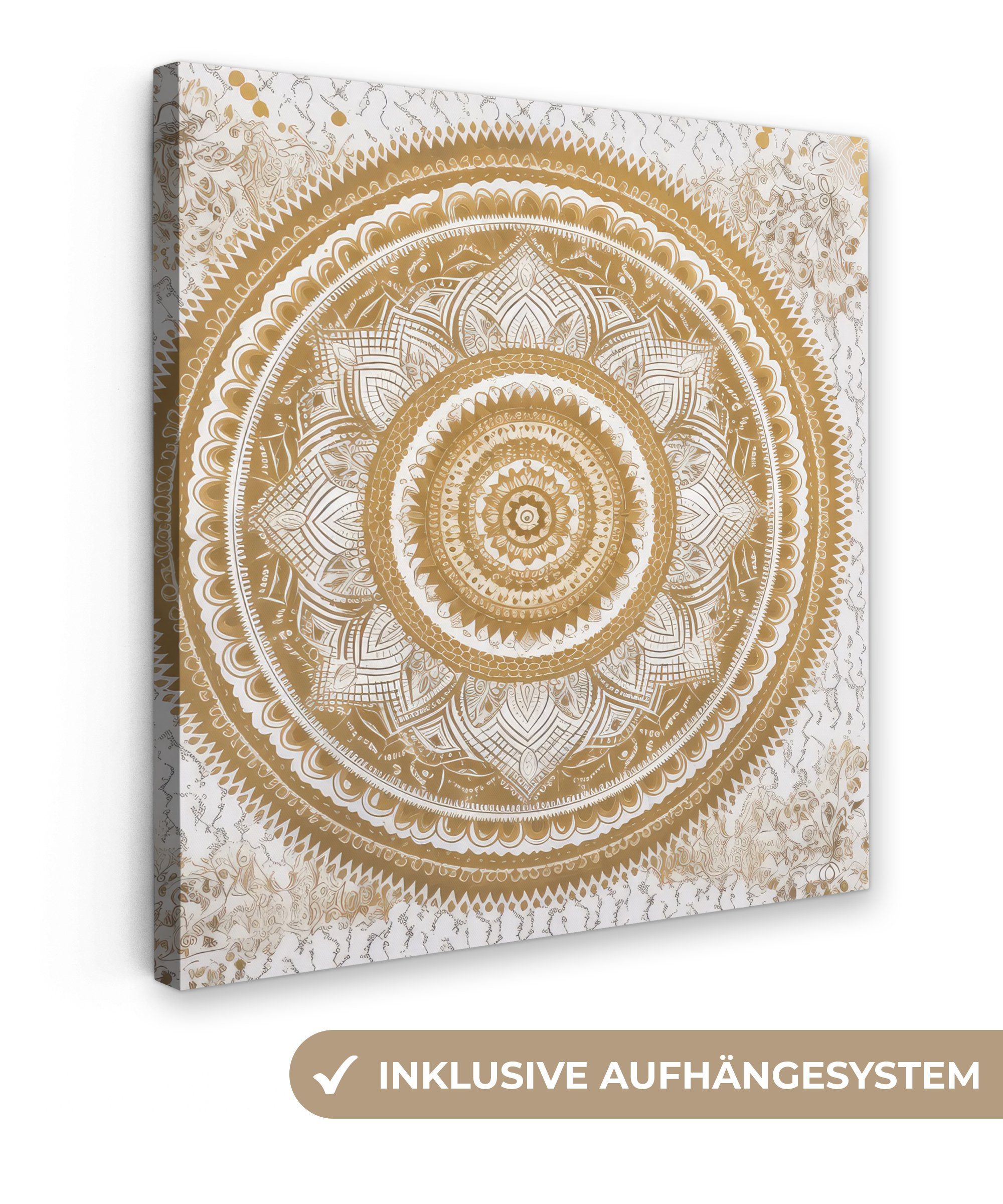 OneMillionCanvasses® Leinwandbild Mandala - Blumen - Gold - Weiß - Design, (1 St), Leinwand Bilder für Wohnzimmer Schlafzimmer, 20x20 cm